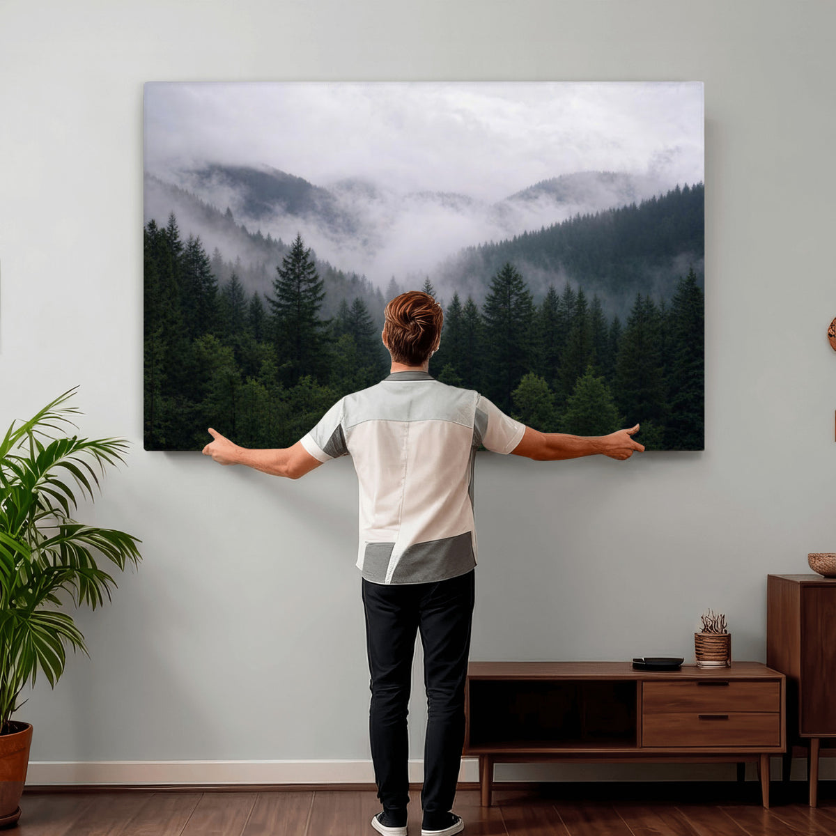 25432119-_Poster-30x20 - Misty Mountain Pine Forest Canvas Print 3 Piece Framed Wall Art Extra Large Floating Frame Nature Poster Made in USA