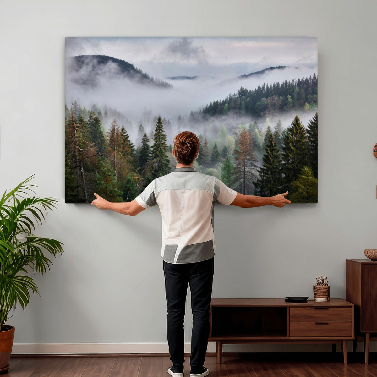 18735847-_Poster-30x20 - Foggy Pine Forest Mountain Canvas Print 3 Piece Framed Wall Art Extra Large Floating Frame Nature Poster Made in USA