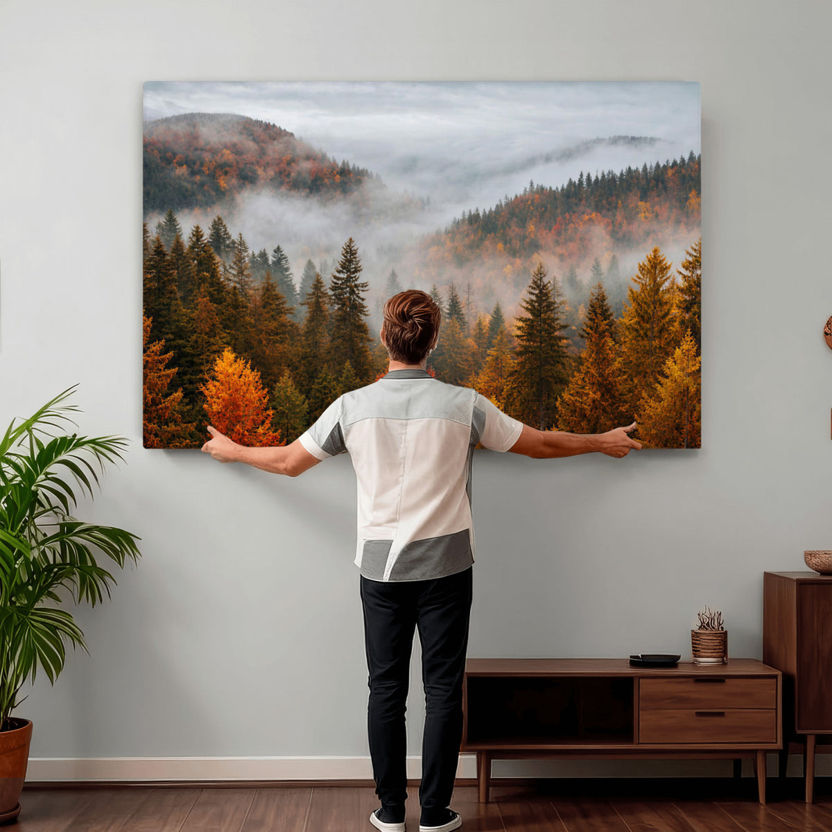 87481341-_Poster-30x20 - Foggy Autumn Mountain Canvas Print Smoky Pine Forest Wall Art Panoramic Nature Poster 3 Piece Made in USA