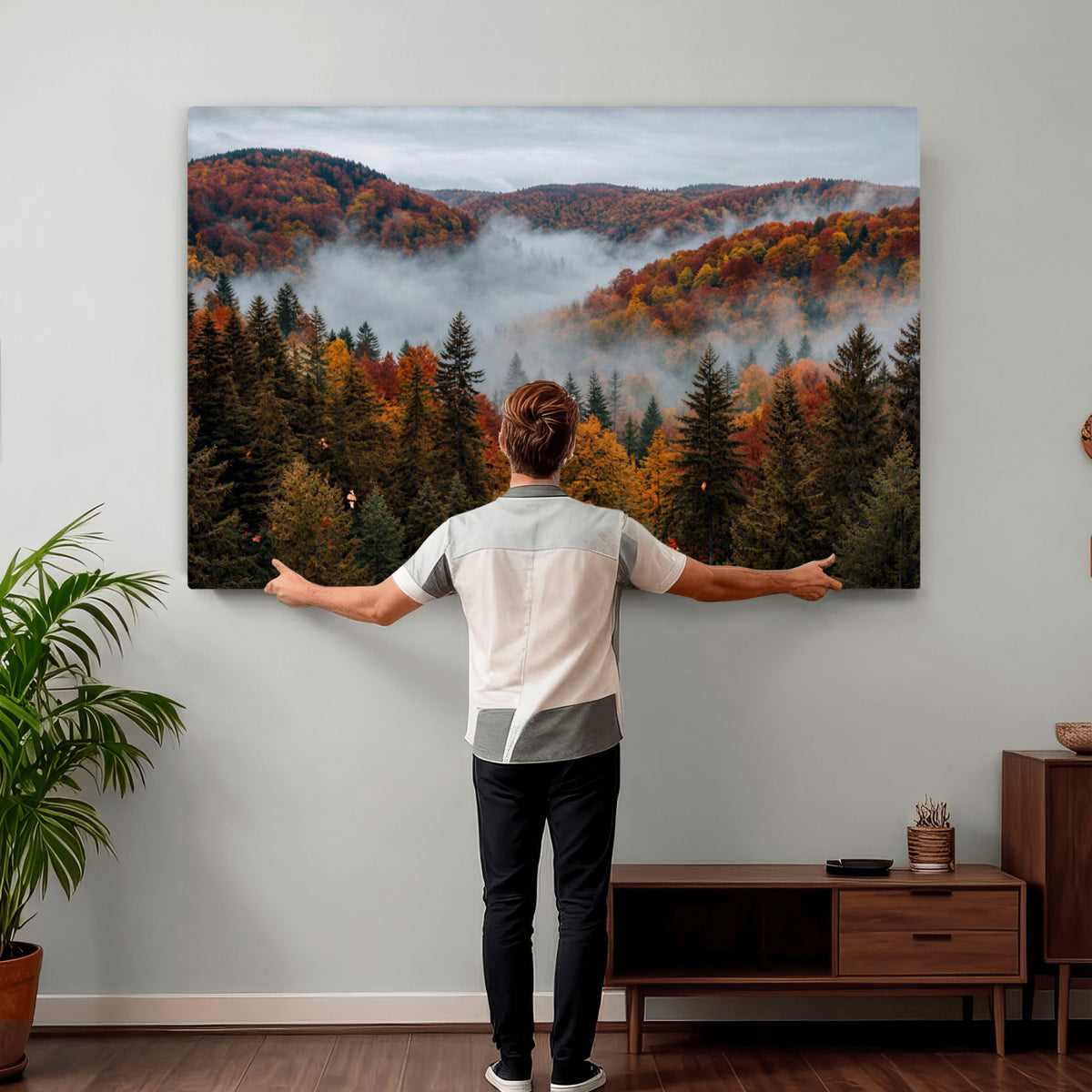 26686263-_Poster-30x20 - Misty Autumn Forest Mountain Canvas Print 3 Panel Wall Art Gallery Wrapped Floating Frame Poster Made in USA