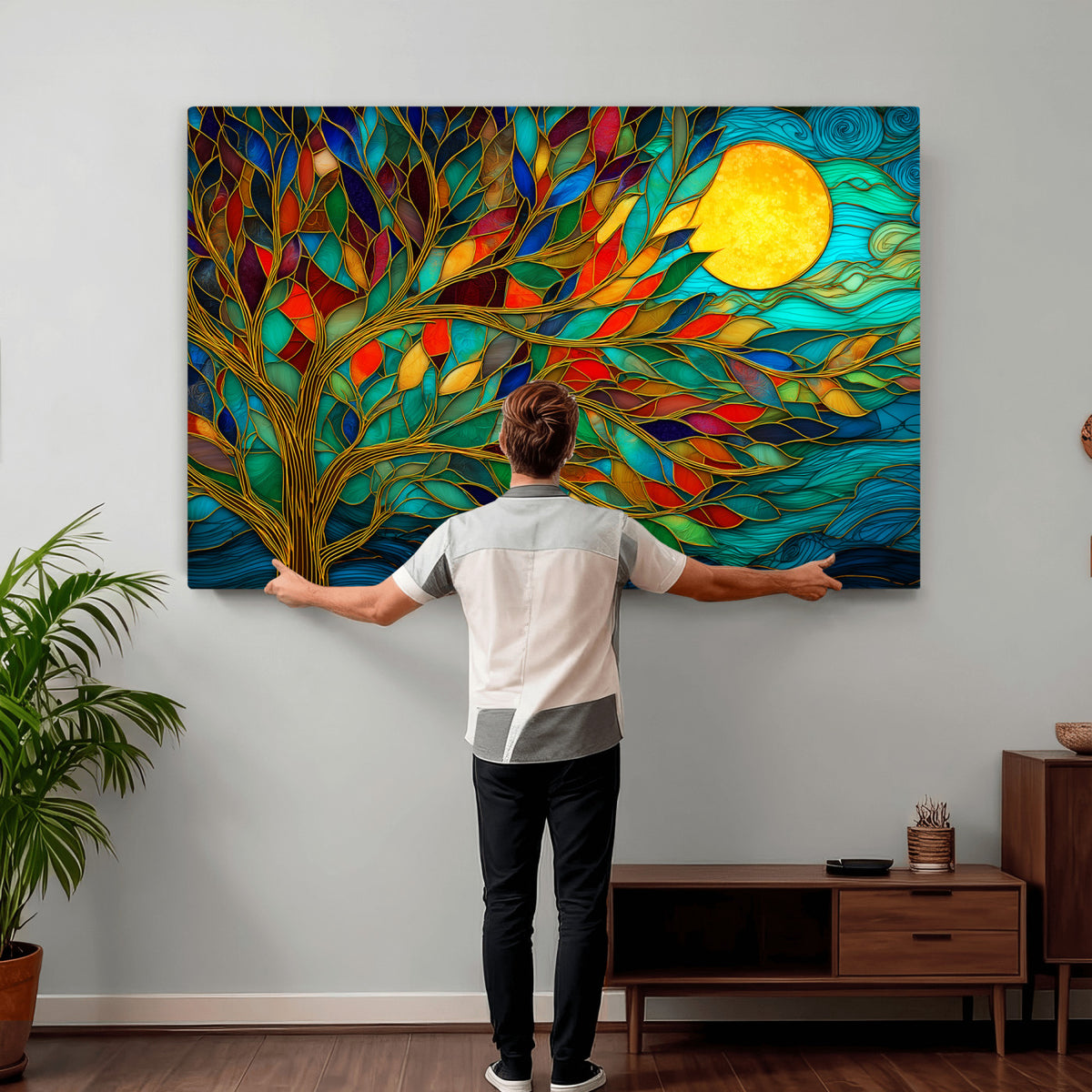 11877152-MGV-CV-36X24 - Stained Glass Tree Of Life Wall Art - Vibrant Mosaic Nature Home Decor