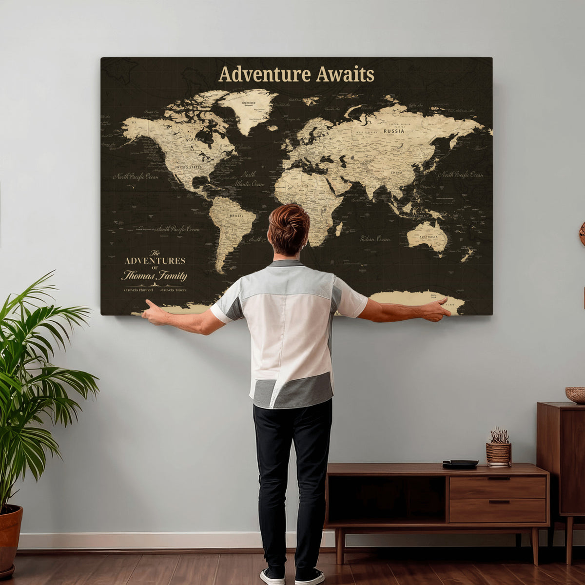 47597338D-MGV-CV-36X24 - Custom Push Pin World Map Wall Art Canvas Print | Personalized Travel Tracker with Pins Framed Large for Home and Office Decor