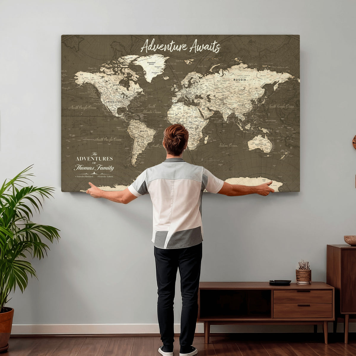 27762875D-MGV-CV-36X24 - Custom Push Pin World Map Wall Art Canvas Print | Personalized Travel Tracker with Pins Framed Large for Home and Office Decor