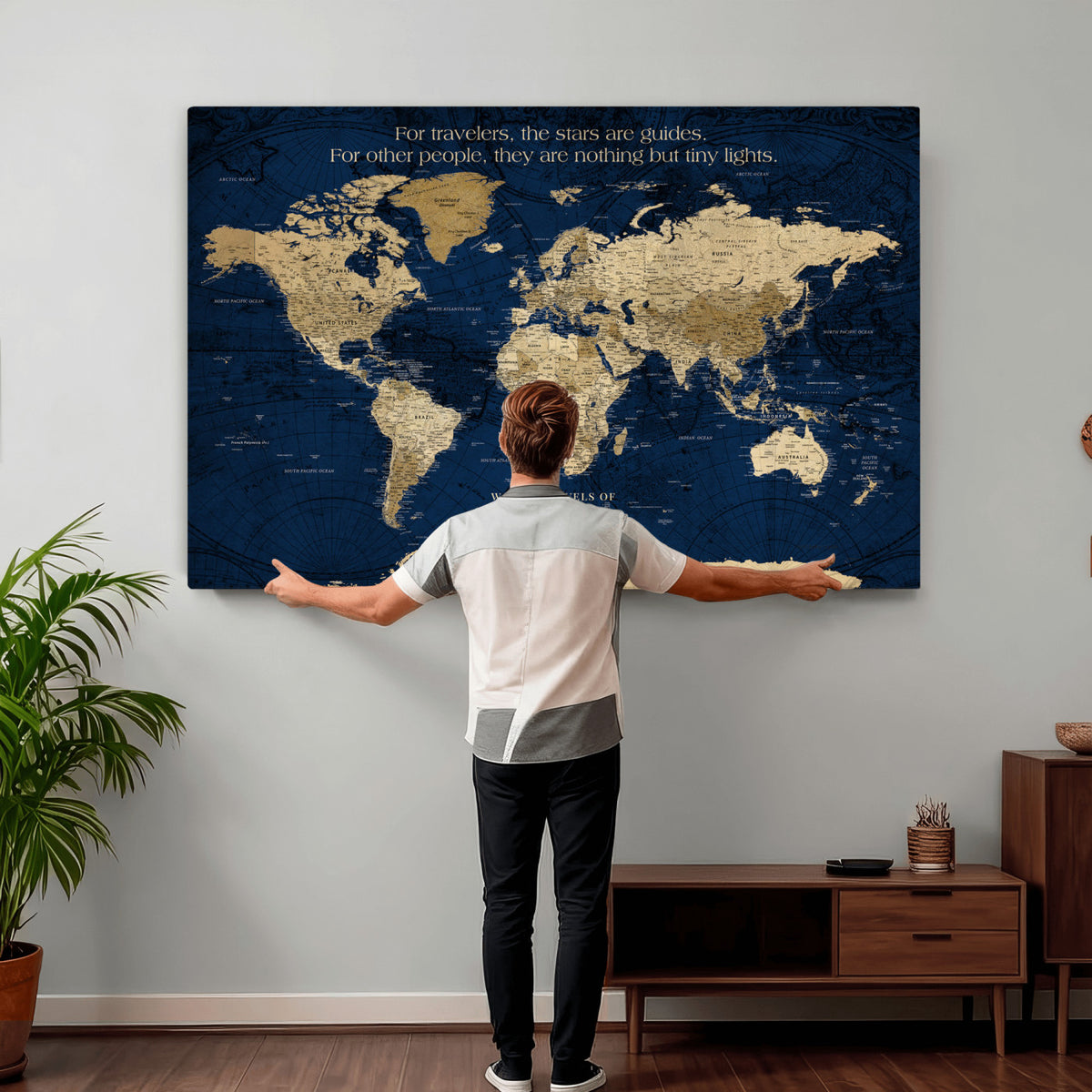 71667510D-MGV-CV-36X24 - Custom Push Pin World Map Wall Art Canvas Print | Personalized Travel Tracker with Pins Framed Large for Home and Office Decor
