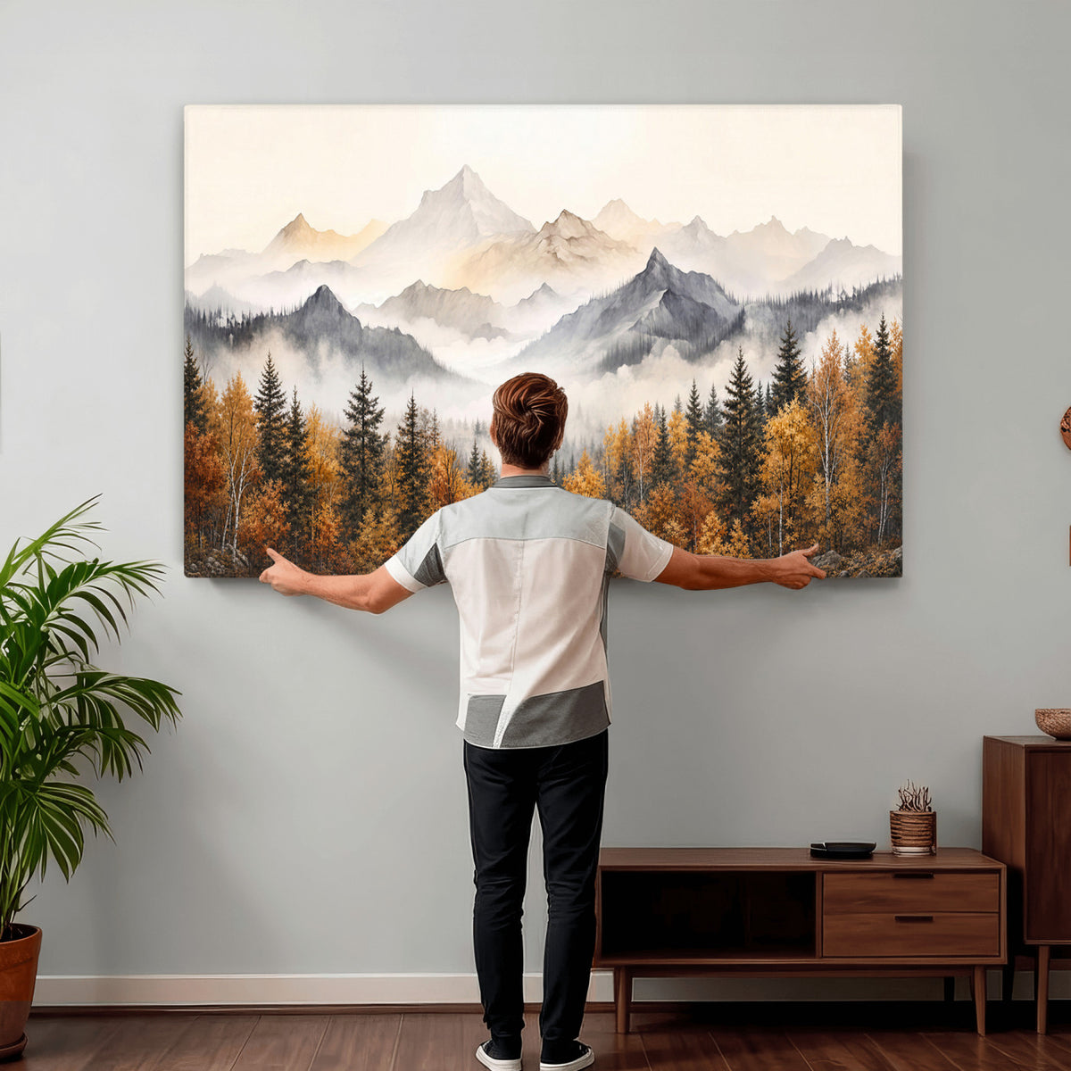 19544118-MGV-TP-30X20 - Misty Mountain Autumn Forest Canvas Wall Art - Watercolor Fall Nature Landscape Print