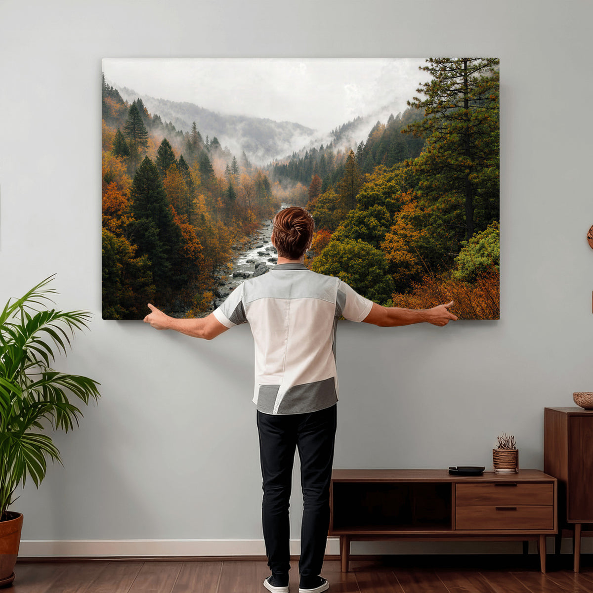 95540697-MGV-TP-30X20 - Misty River Mountain Valley Canvas Wall Art - Autumn Forest Landscape Nature Print
