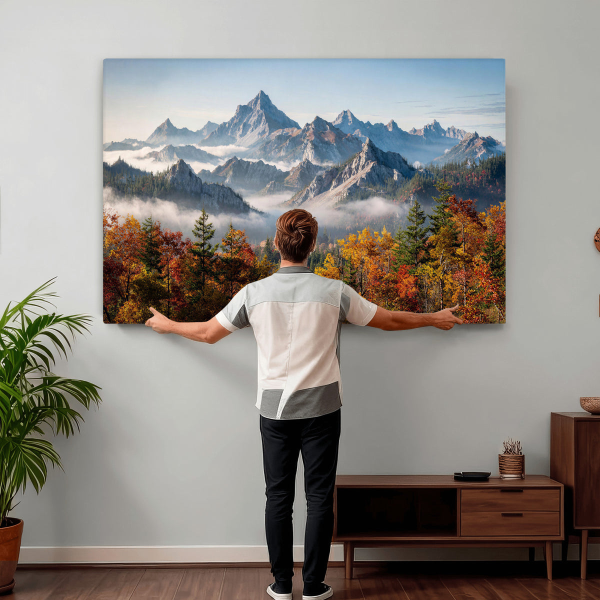 38847944-MGV-TP-30X20 - Majestic Mountain Peak Canvas Wall Art - Panoramic Autumn Forest Fog Landscape Print