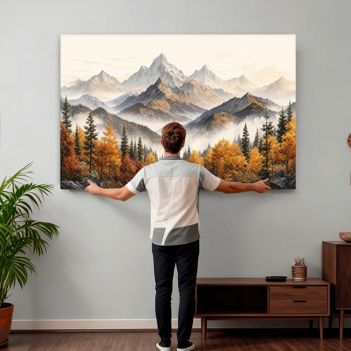 21309099-MGV-TP-30X20 - Extra Large Misty Mountain Autumn Forest Canvas Wall Art - Watercolor Fall Nature Landscape Print
