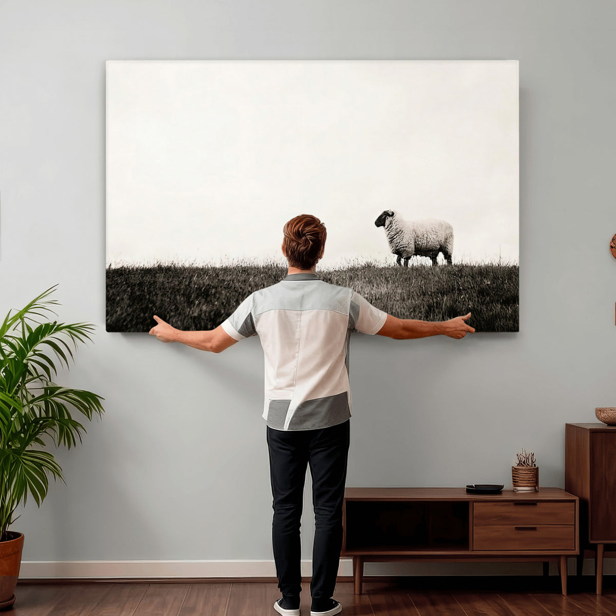 72749448-MGV-TP-30X20 - Minimalist Sepia Sheep Canvas Wall Art - Rustic Farmhouse Country Landscape Print
