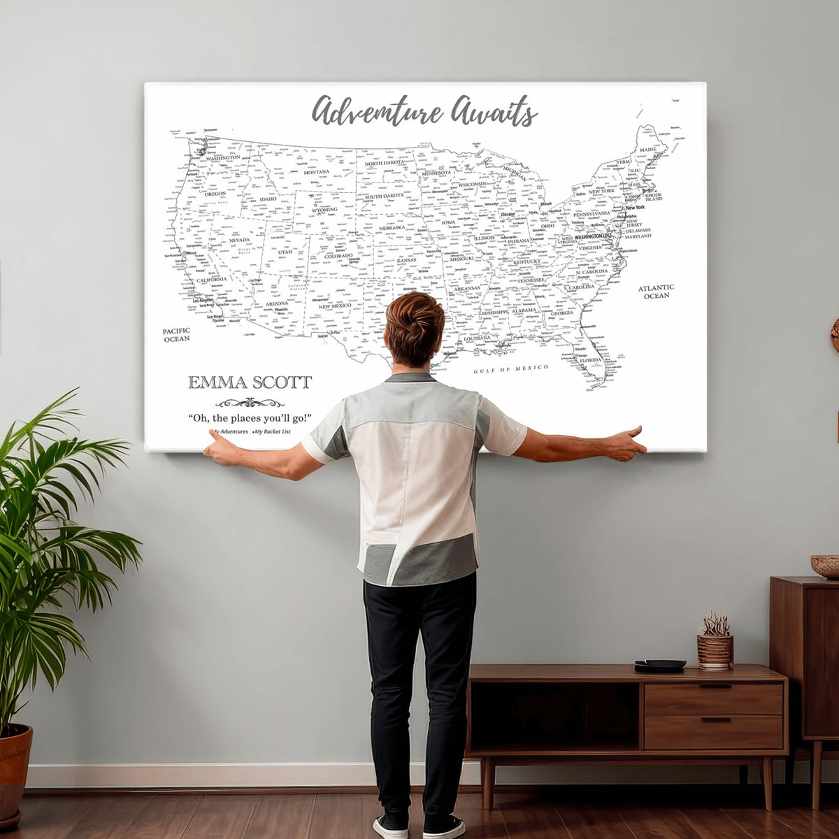 73634814-MGV-CV-36X24 - Custom USA Push Pin Travel Map Canvas Wall Art - Personalized Couples Gift Flat Digital Print