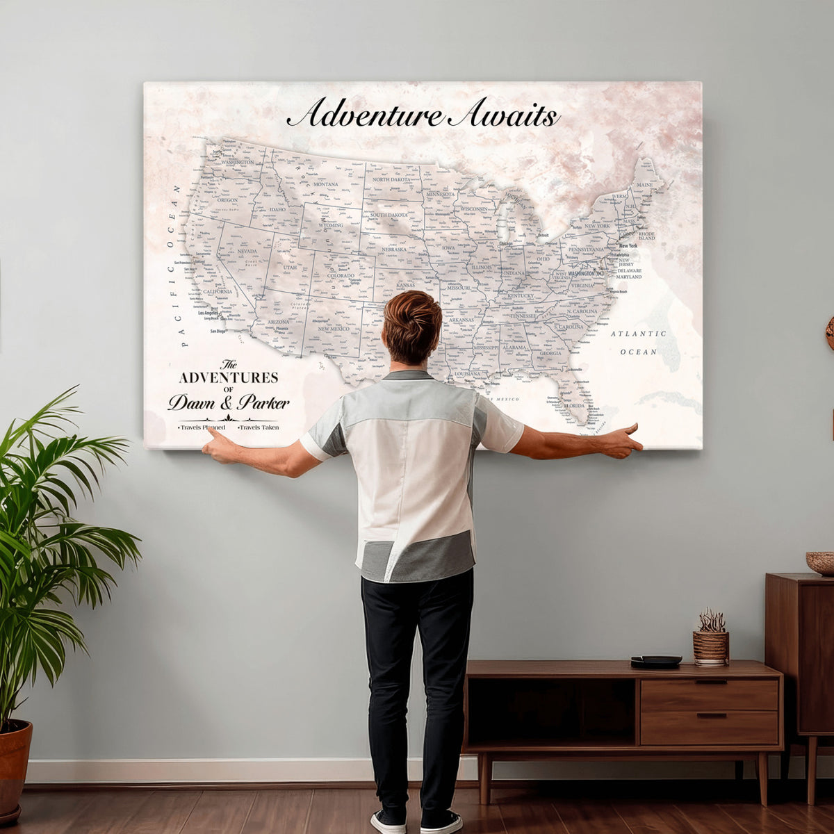 50687859-MGV-CV-36X24 - Custom USA Push Pin Travel Map Canvas Wall Art - Personalized Couples Gift Flat Digital Print