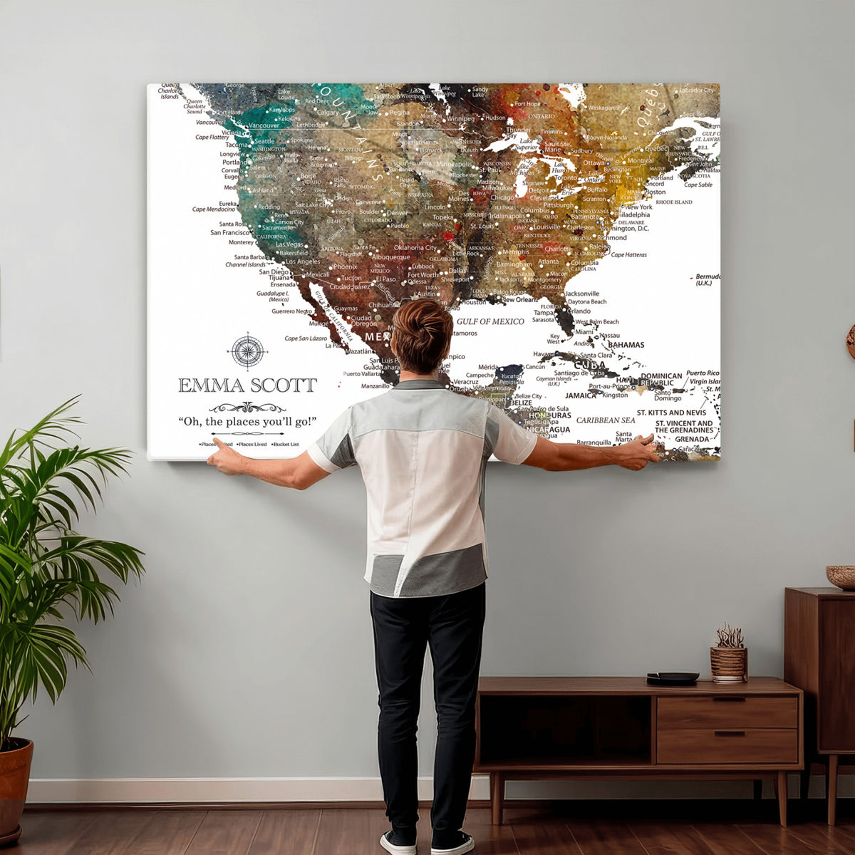 53374031-MGV-CV-36X24 - Custom USA Push Pin Travel Map Canvas Wall Art - Personalized Couples Gift Flat Digital Print