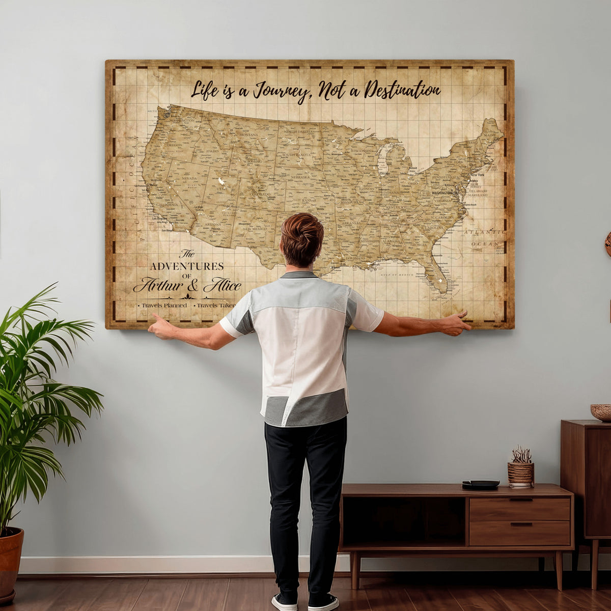 90686209-MGV-CV-36X24 - Custom USA Push Pin Travel Map Canvas Wall Art - Personalized Couples Gift Flat Digital Print