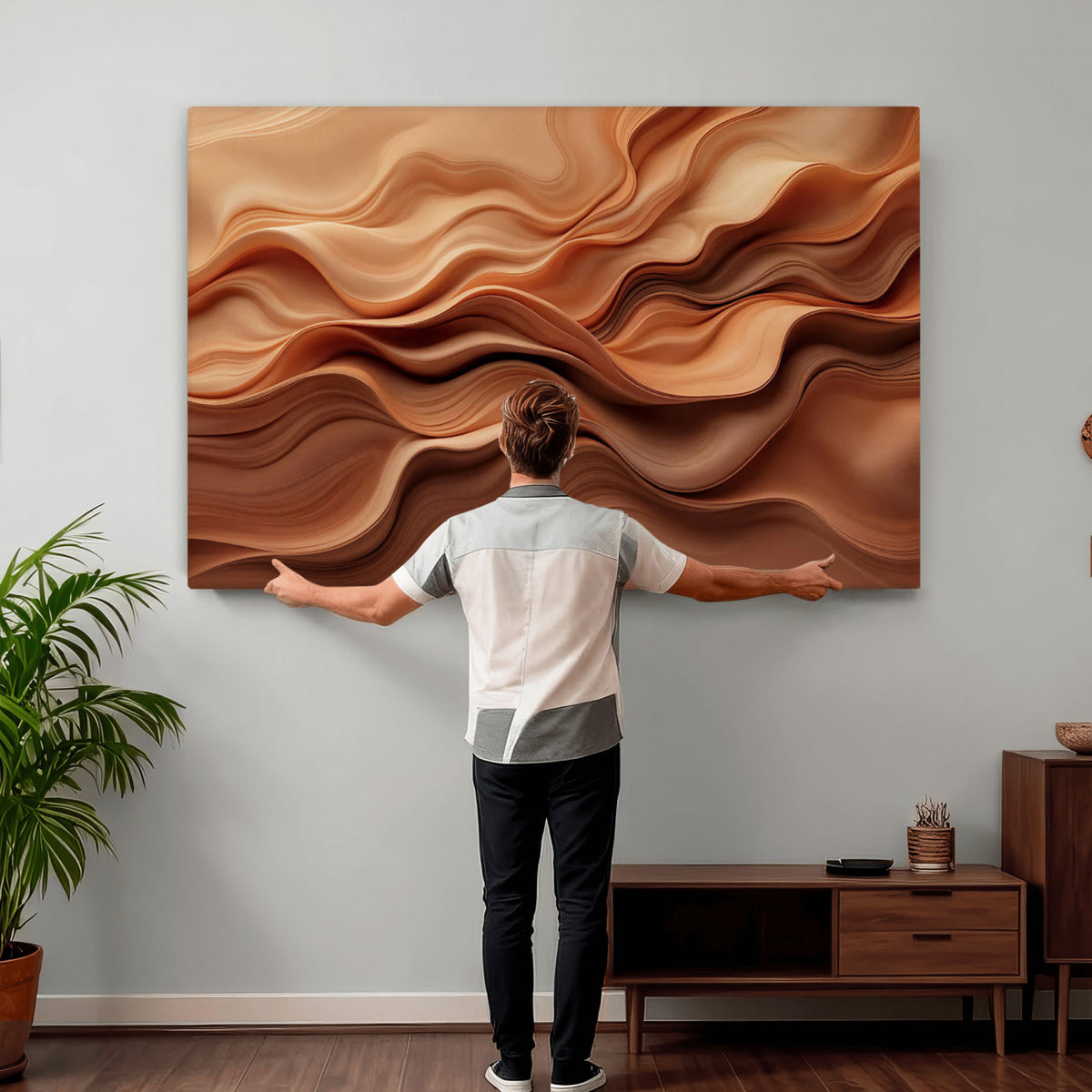 82230697-MGV-CV-36X24 - Modern Abstract Fluid Waves Canvas Wall Art - Minimalist Warm Terracotta Beige Sand Print