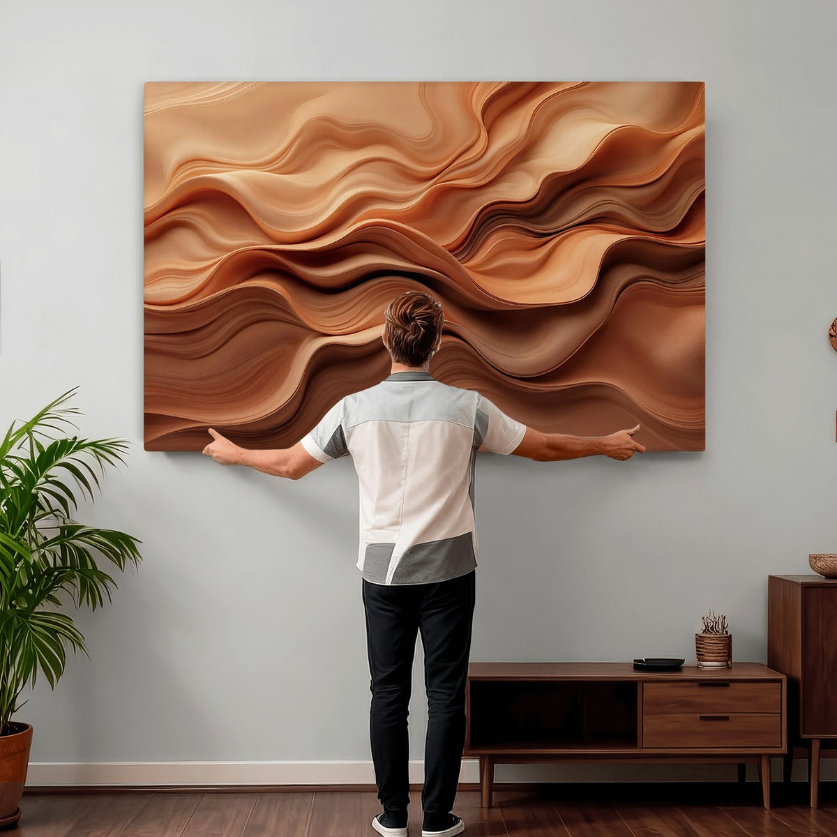 82230697-_Poster-30x20 - Modern Abstract Fluid Waves Canvas Wall Art - Minimalist Warm Terracotta Beige Sand Print