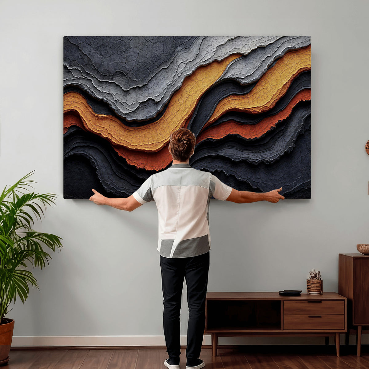 59852489-MGV-CV-36X24 - Abstract Waves Canvas Wall Art - Modern Terracotta and Charcoal Gray Print