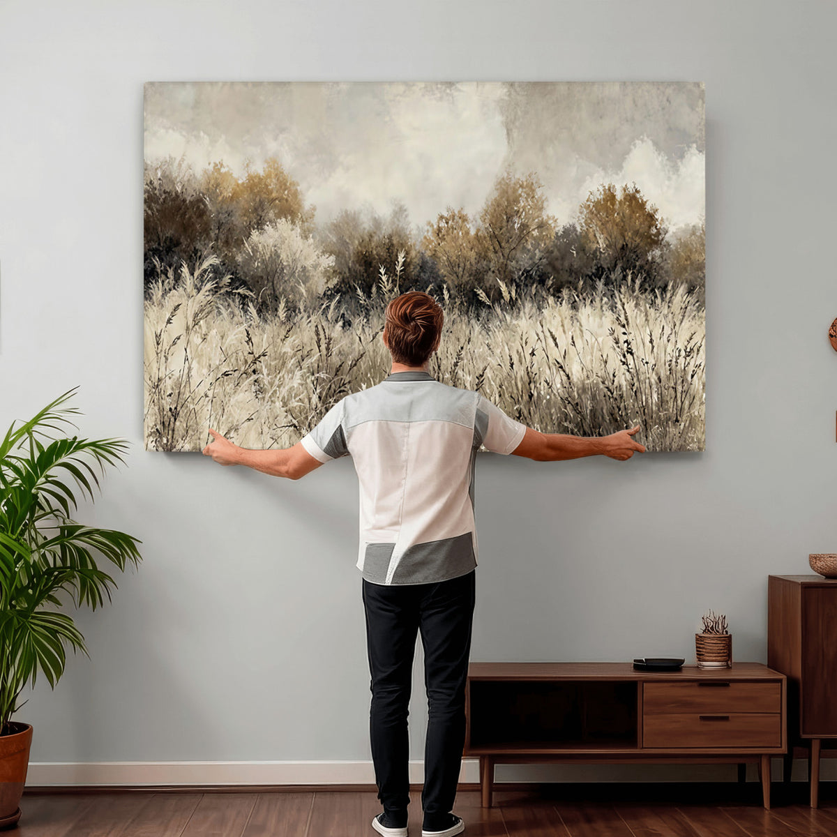 53959945-MGV-TP-30X20 - Muted Neutral Forest Landscape Canvas Wall Art - Vintage Rustic Wildflower Meadow Print