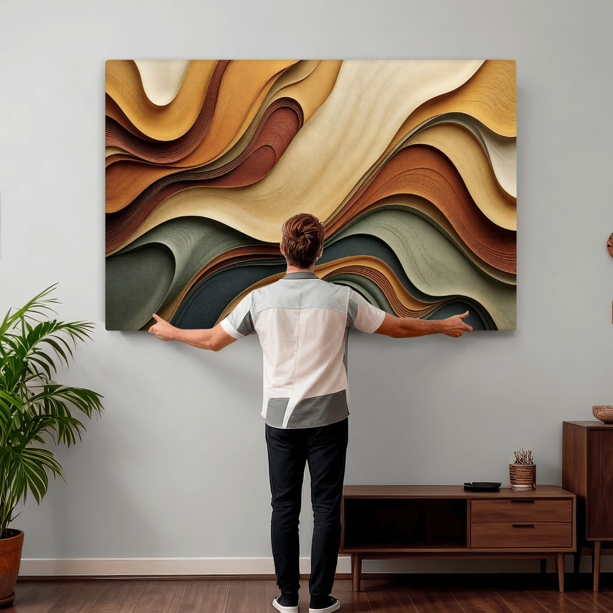 19337902-MGV-CV-36X24 - Modern Abstract Waves Canvas Wall Art - Minimalist Earthy Tone Living Room Decor
