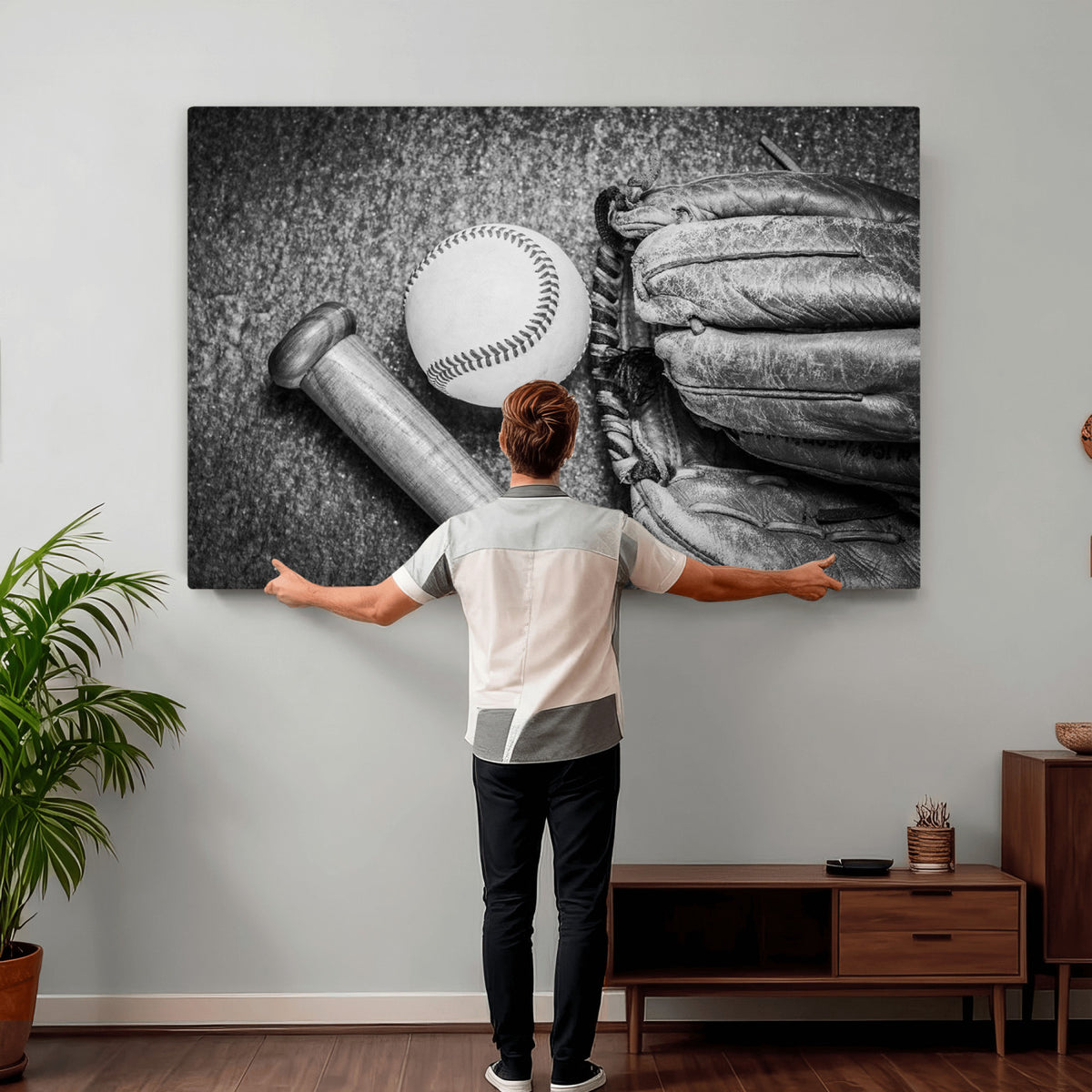 83916D-MGV-CV-36X24 - Vintage Baseball Glove and Bat Sports Wall Art Canvas Print