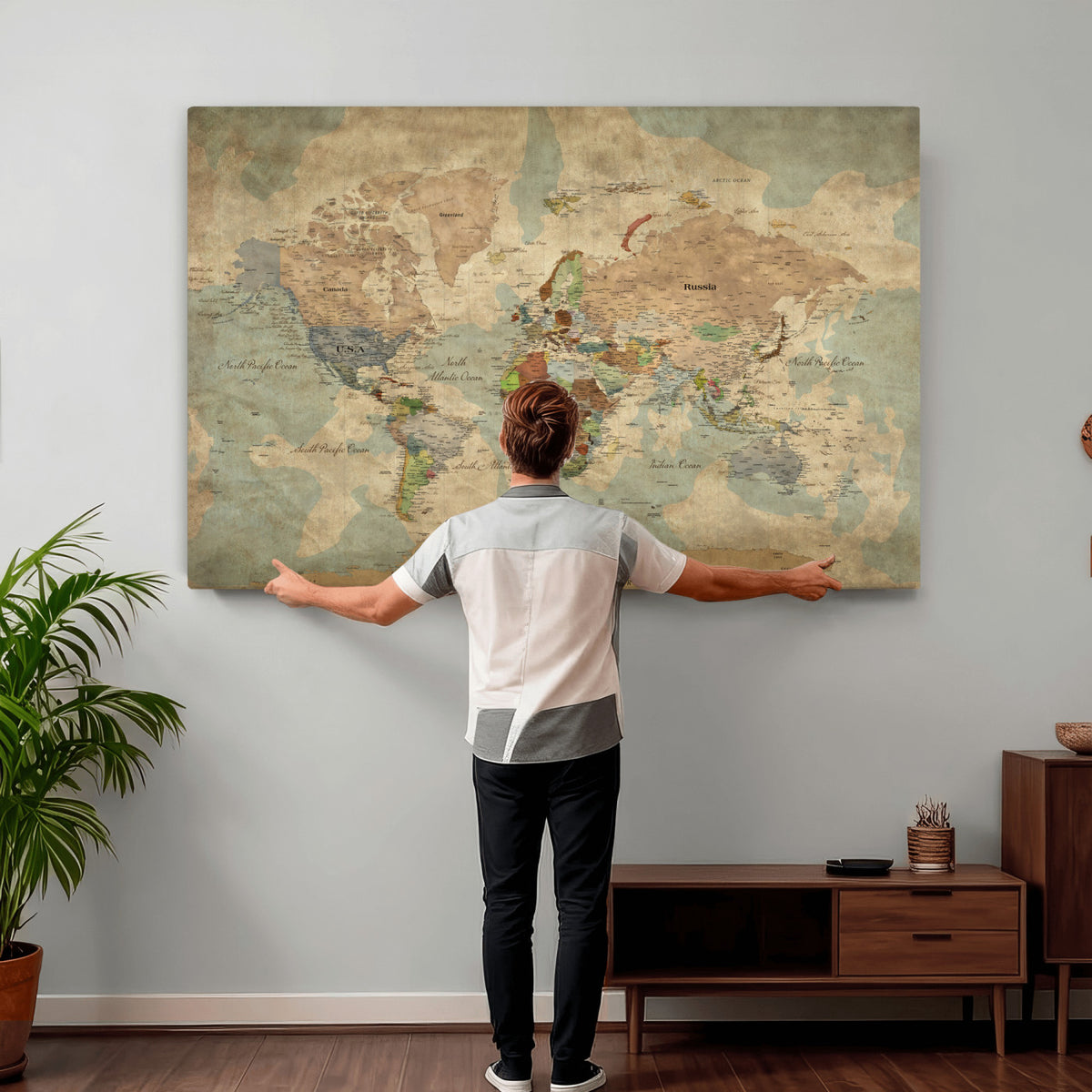 20795898D-MGV-CV-36X24 - Custom Push Pin World Map Wall Art Canvas Print – Personalized Travel Tracker with Pins Framed Large for Home and Office Decor