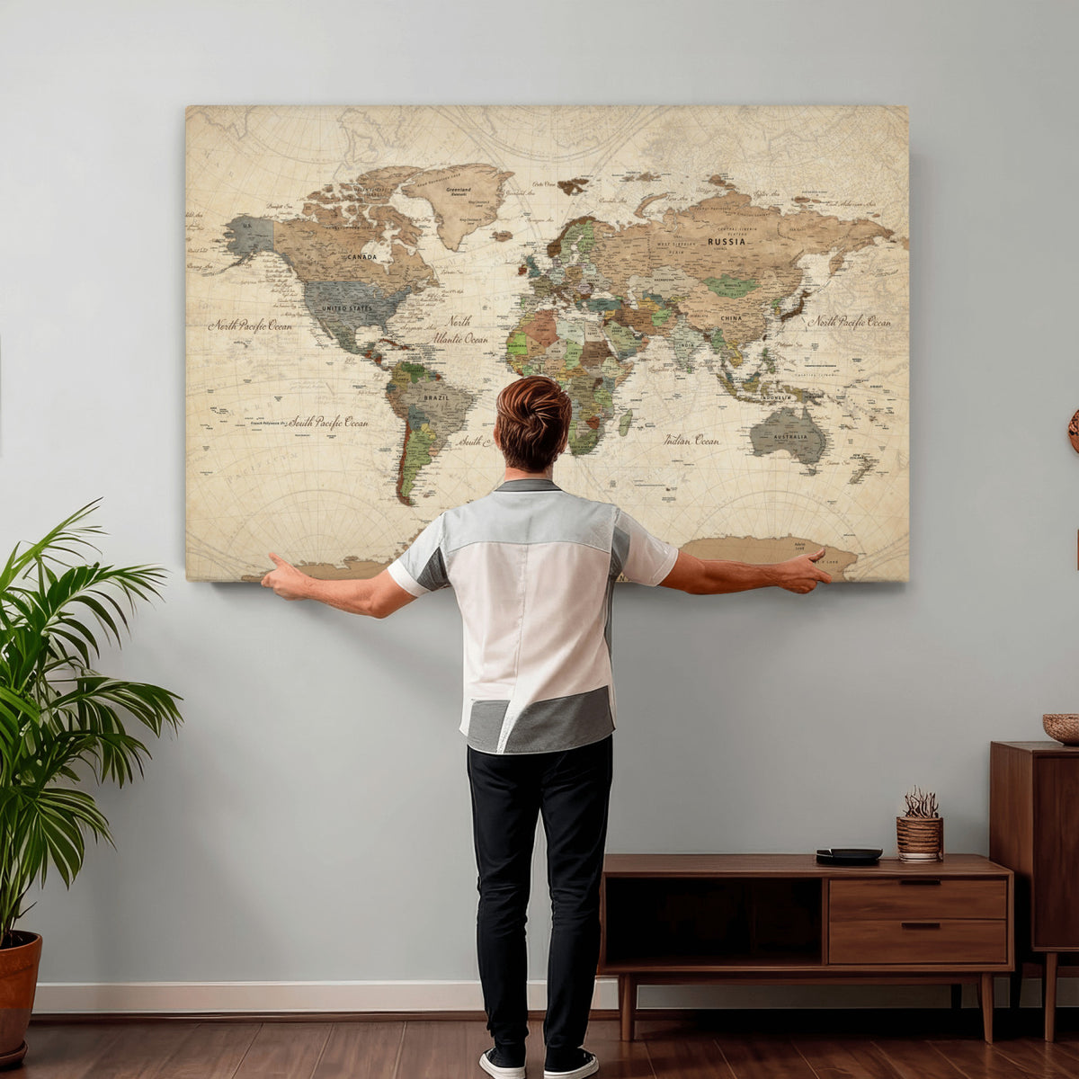 32749414D-MGV-CV-36X24 - Custom Push Pin World Map Wall Art Canvas Print – Personalized Travel Tracker with Pins Framed Large for Home and Office Decor