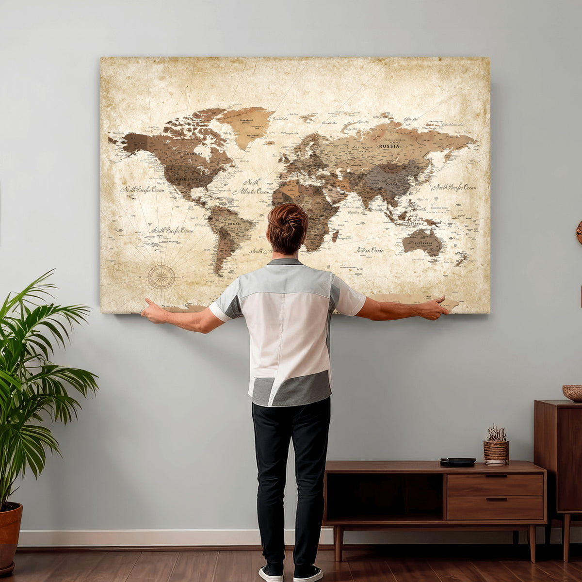 69154703D-MGV-CV-36X24 - Custom Push Pin World Map Wall Art Canvas Print – Personalized Travel Tracker with Pins Framed Large for Home and Office Decor