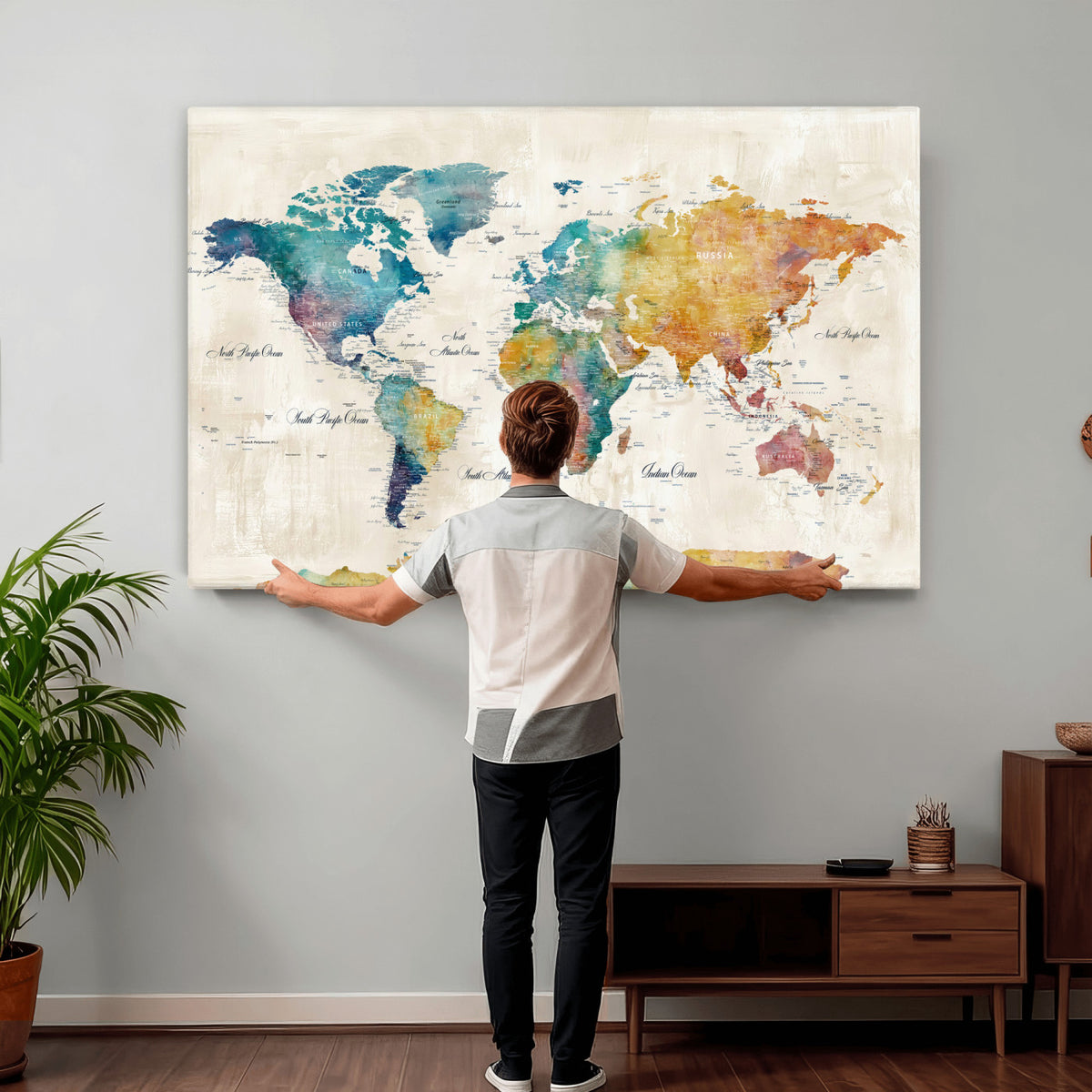 53654999D-MGV-CV-36X24 - Custom Push Pin World Map Wall Art Canvas Print – Personalized Travel Tracker with Pins Framed Large for Home and Office Decor