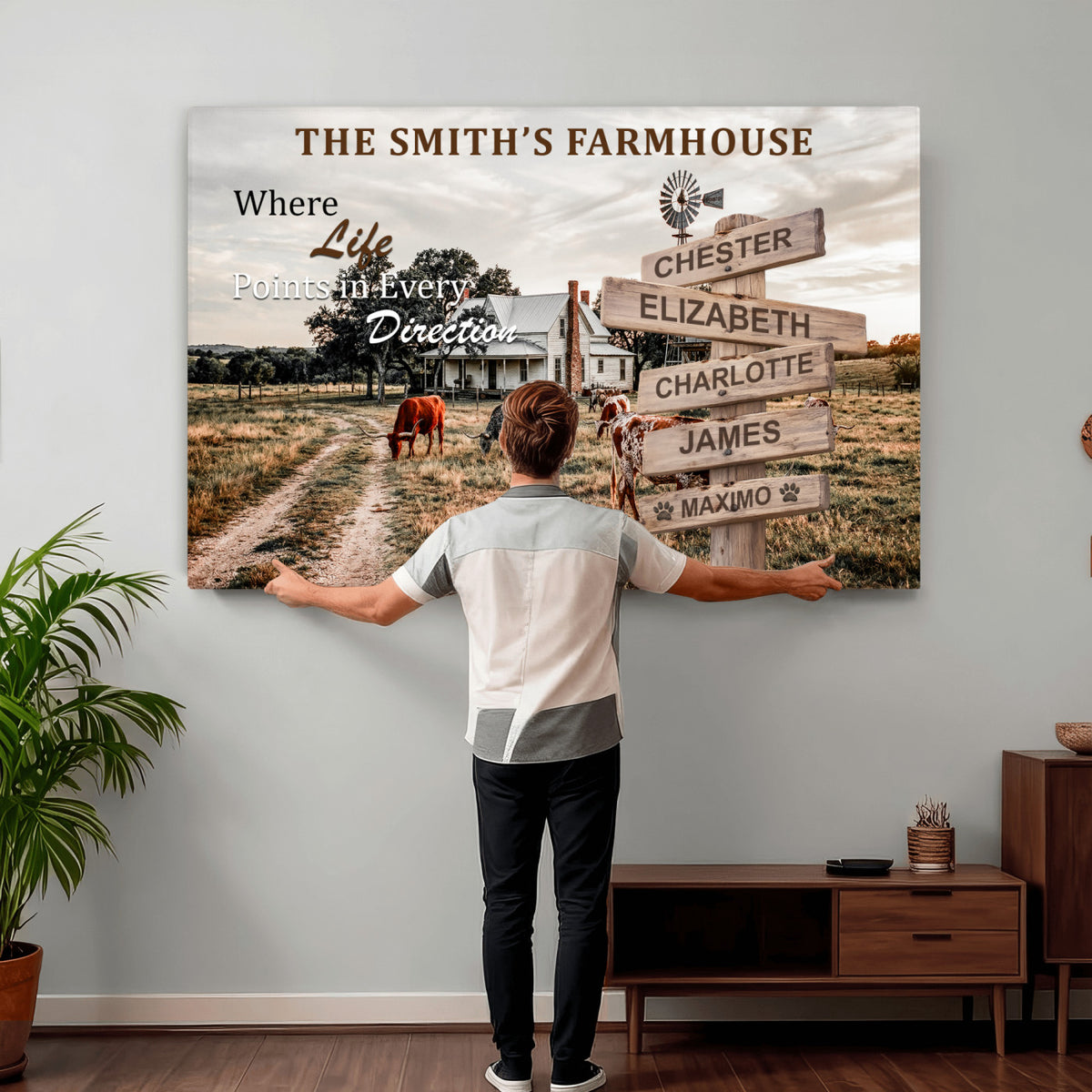 Personalized Farmhouse Family Signpost Canvas, Custom Name Wall Art