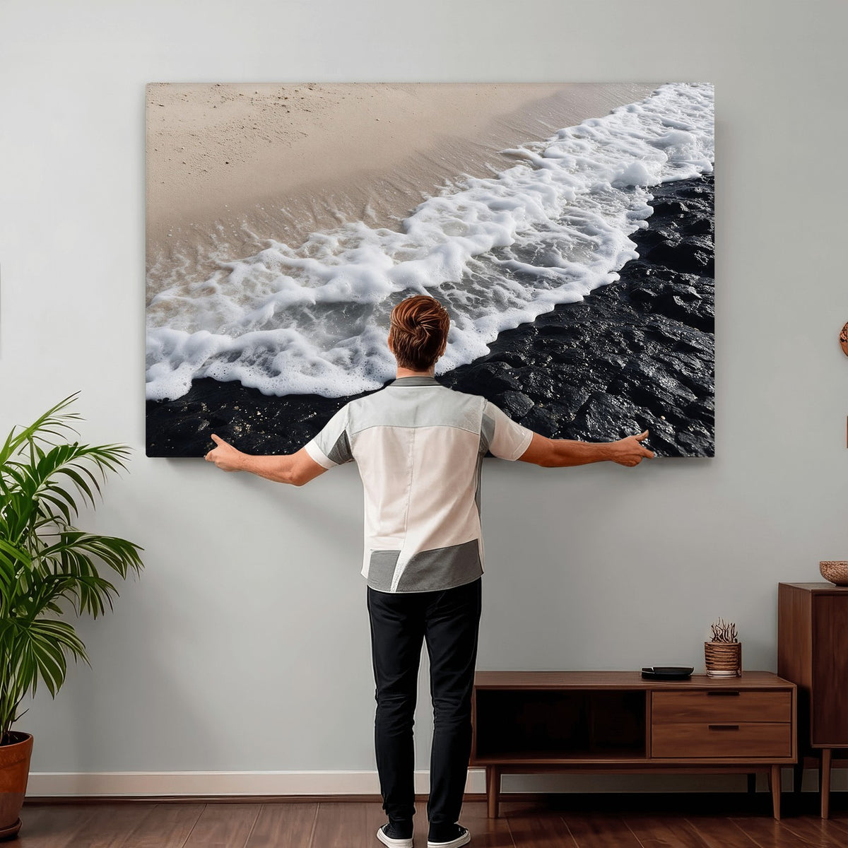 27448606-MGV-CV-24X16 - Ocean Wave Foam on Black Lava Rock Beach Canvas Wall Art Print