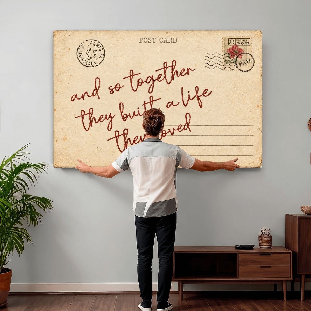 Personalized vintage postcard canvas with custom love note, with a floating frame