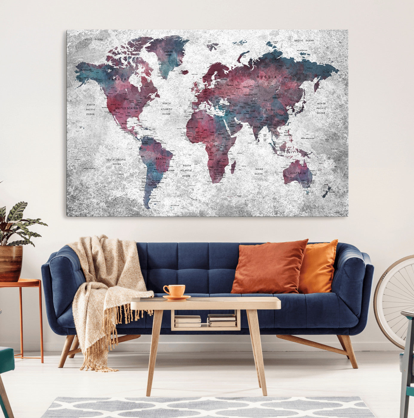 38212-MGV-CV-36X24-Modern Red and Gray World Map Canvas Print – Framed Push Pin Wall Art for Couples, Contemporary Travel Map Artwork for Home and Office Decor