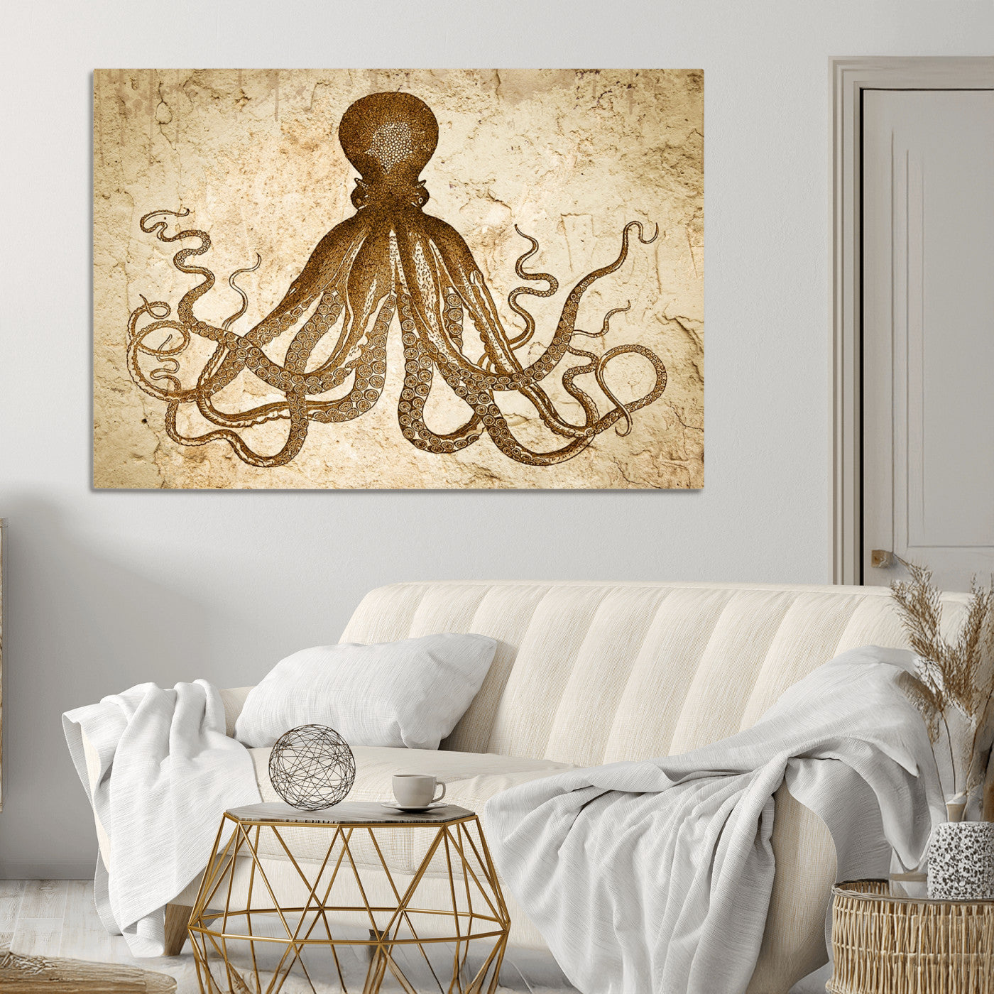 96154-MGV-CV-36X24-Sepia Octopus Wall Art Abstract Animal Canvas Print