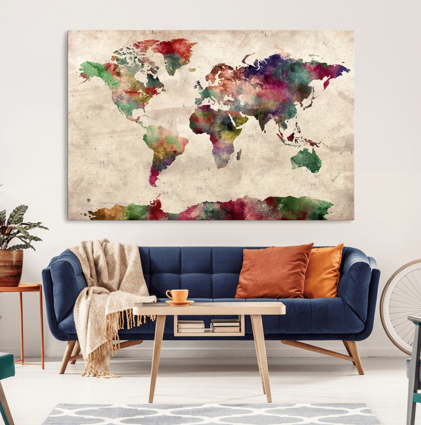 69476-MGV-CV-36X24-Watercolor World Map Canvas Print – Framed Push Pin Wall Art for Couples, Colorful Travel Map Artwork for Elegant Home and Office Decor