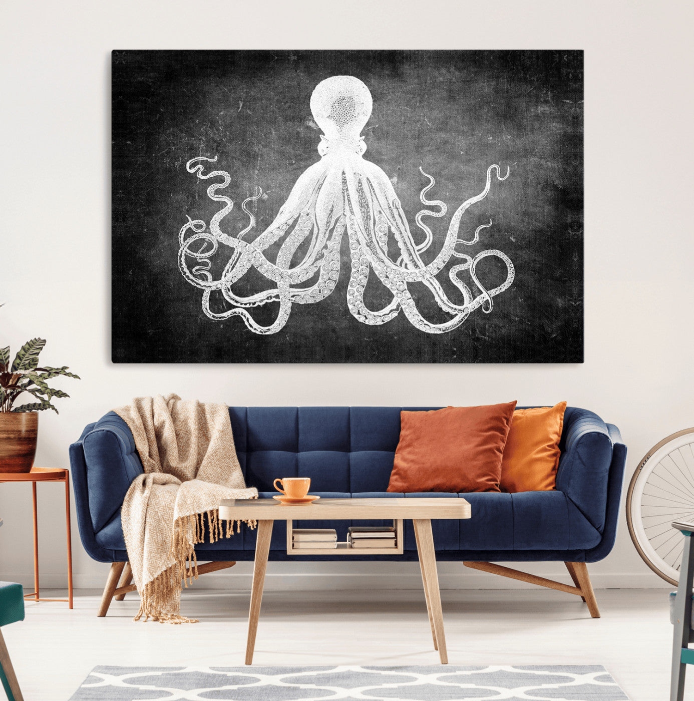 MGV-CV-36X24 - Black White Octopus Wall Art Canvas Print