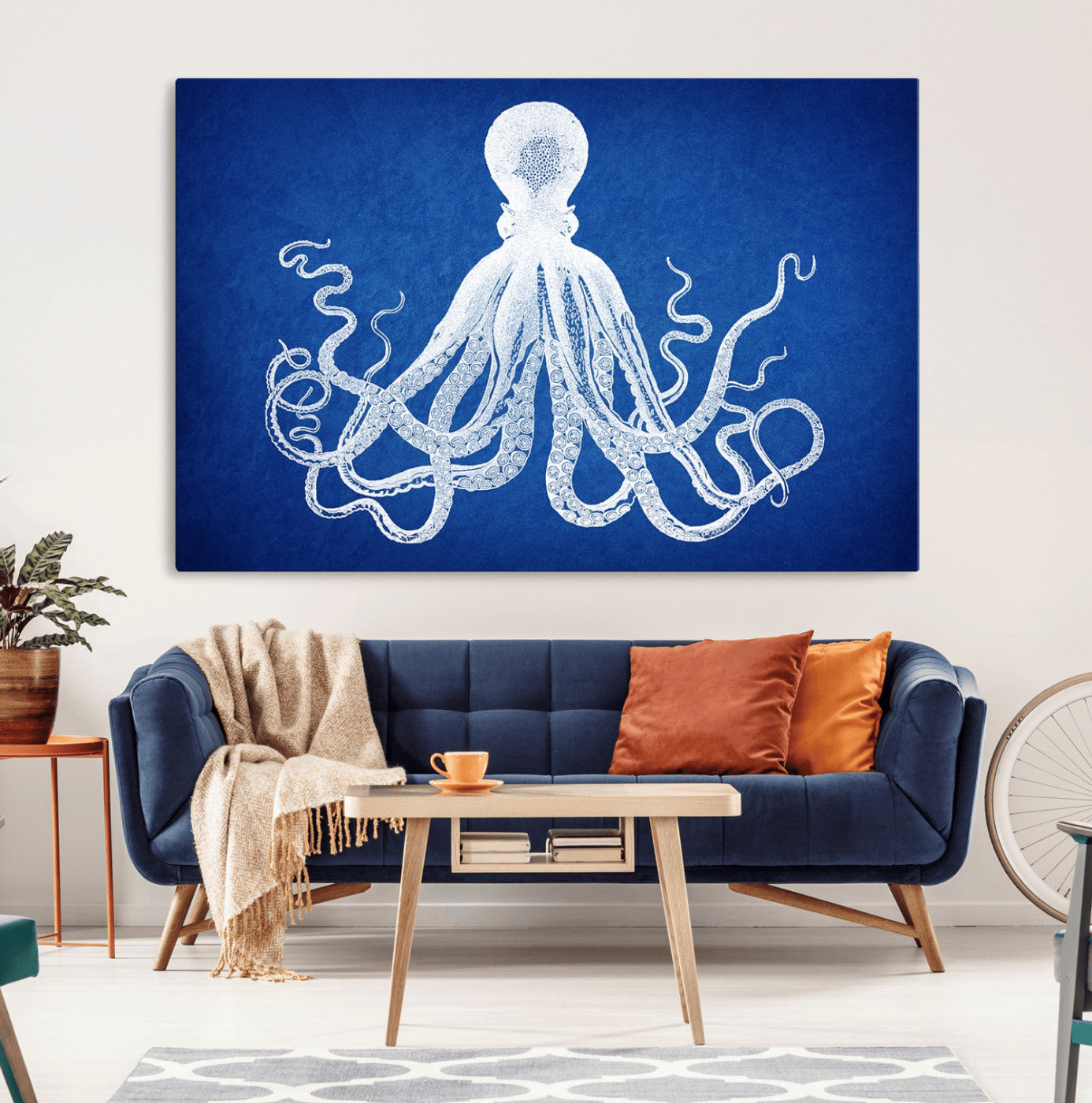 MGV-CV-36X24 - Large 3-Panel Blue Octopus Canvas Wall Art | Coastal Marine Life Artwork for Living Room, Bedroom,