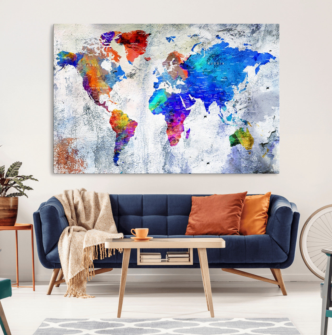 27352-MGV-CV-36X24-World Map Canvas Print – Colorful Abstract Push Pin Travel Map, Framed Wall Art for Home or Office Decor