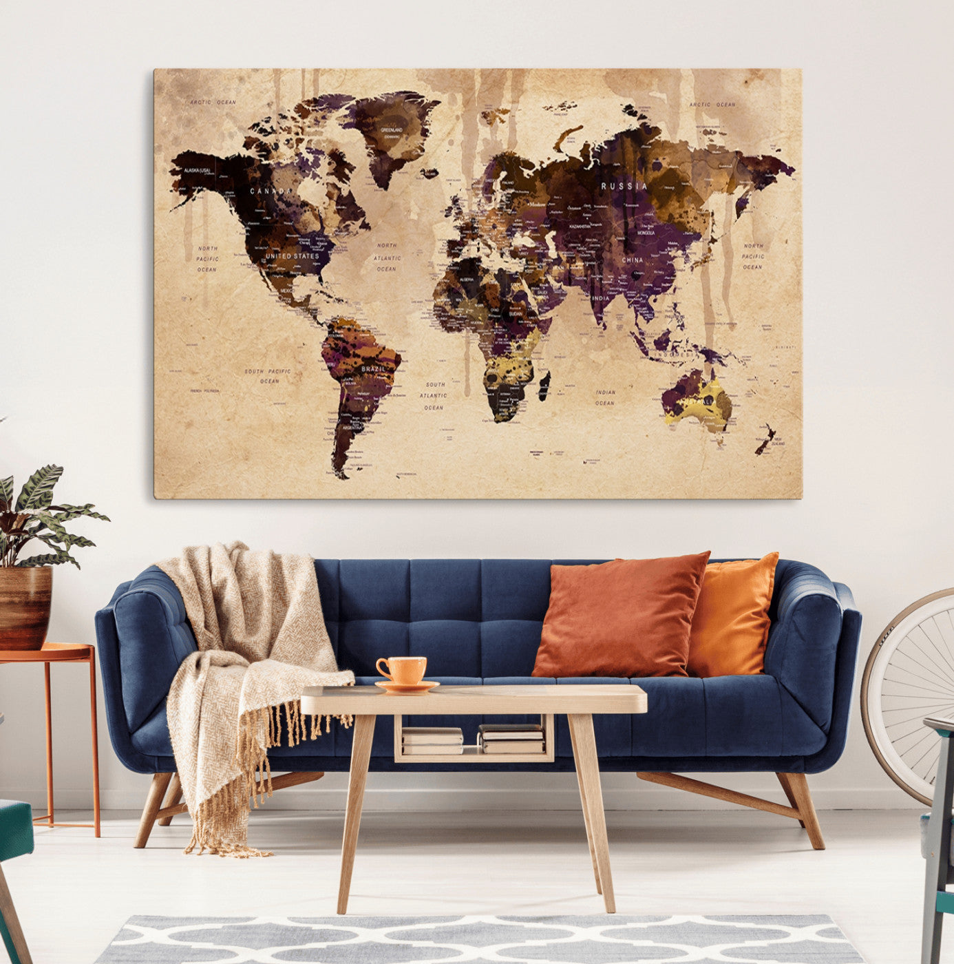 47333-MGV-CV-36X24-Vintage World Map Canvas Wall Art – Framed Push Pin Travel Map for Home and Office Decor