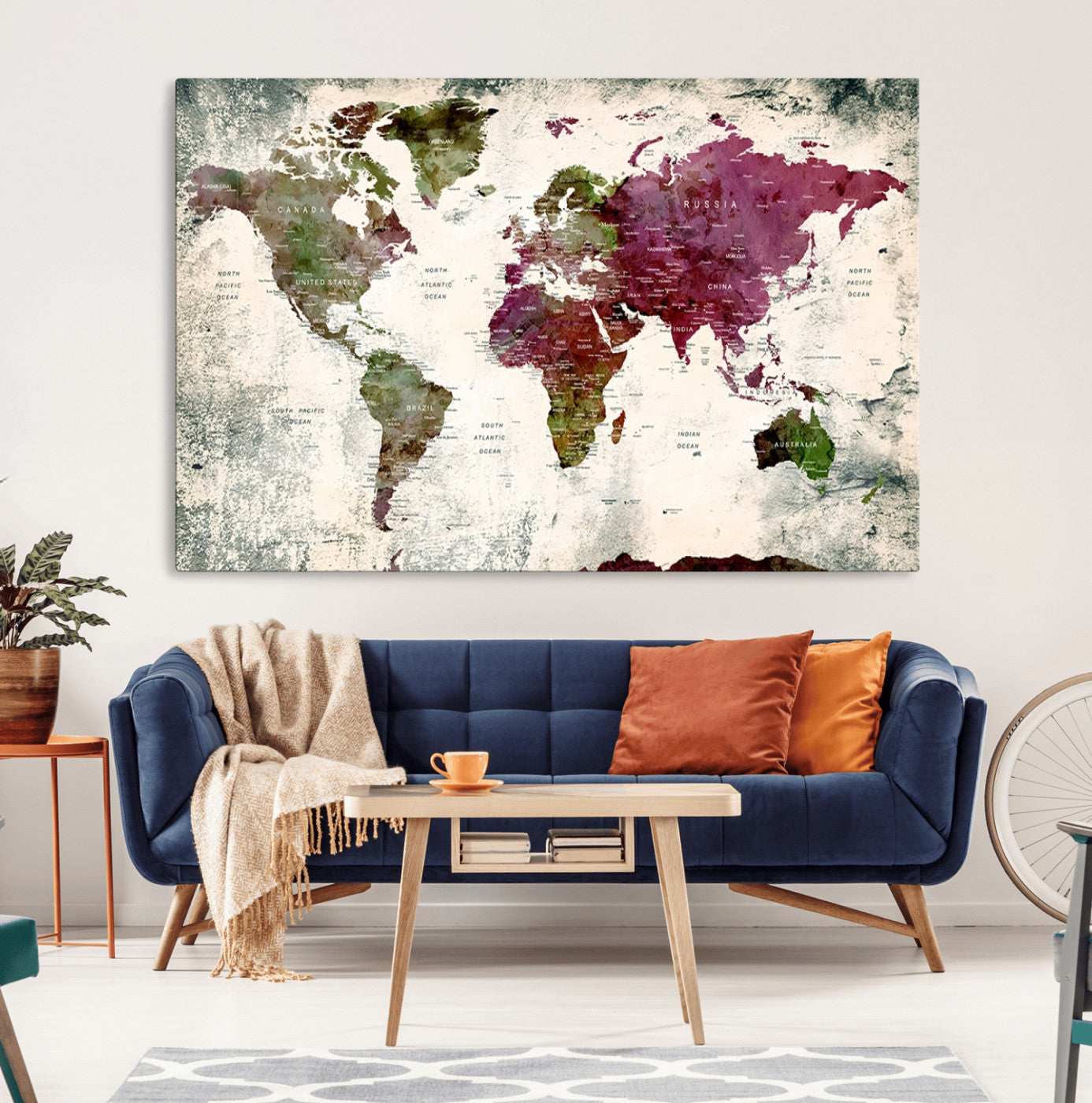 39882-MGV-CV-36X24-Vintage Watercolor Push Pin World Map Canvas – Framed Travel Wall Art for Home and Office Decor