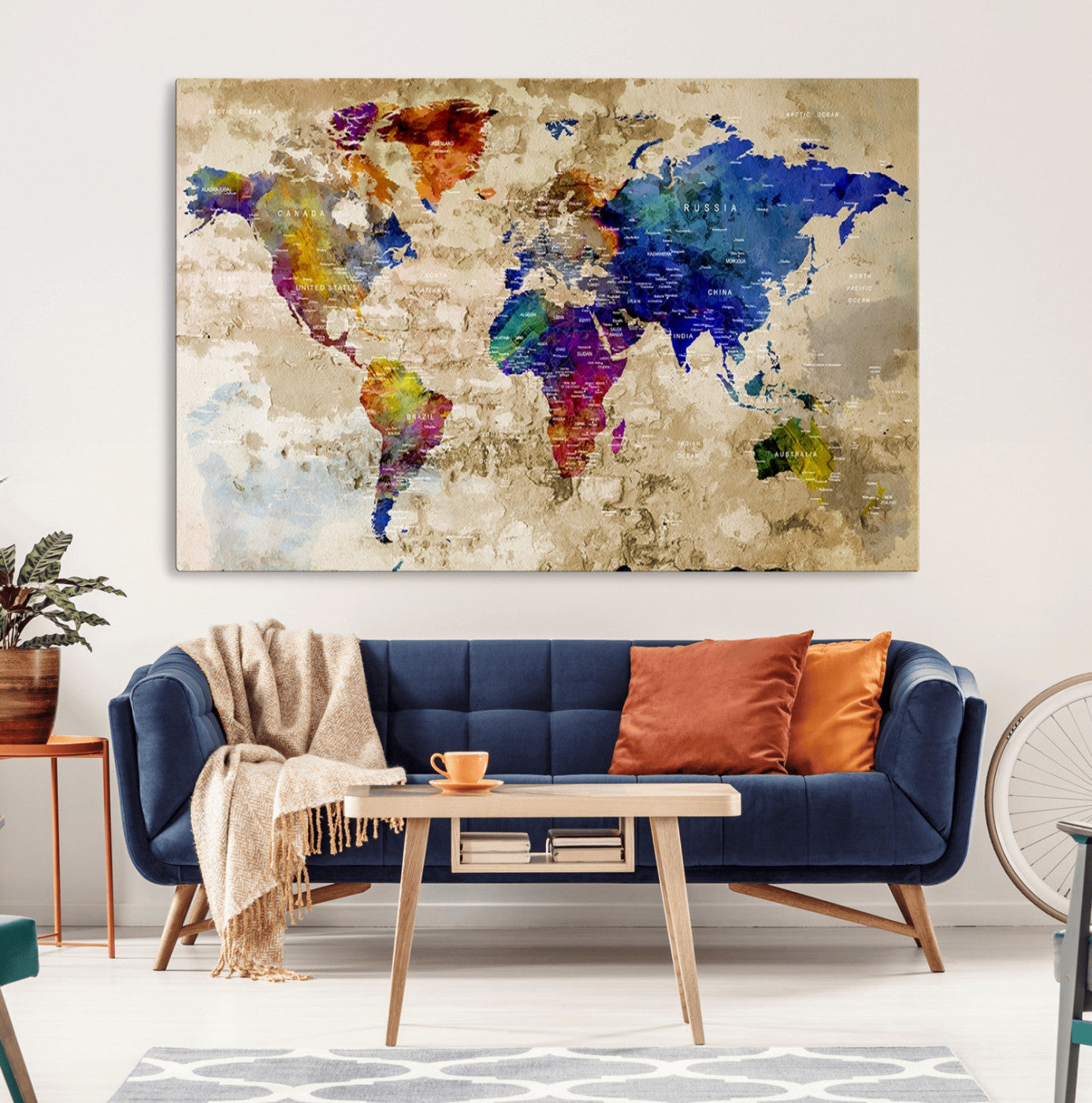 92939-MGV-CV-36X24-Colorful World Map Canvas Wall Art – Abstract Watercolor Map Print, Modern Travel Decor for Home Office or Study