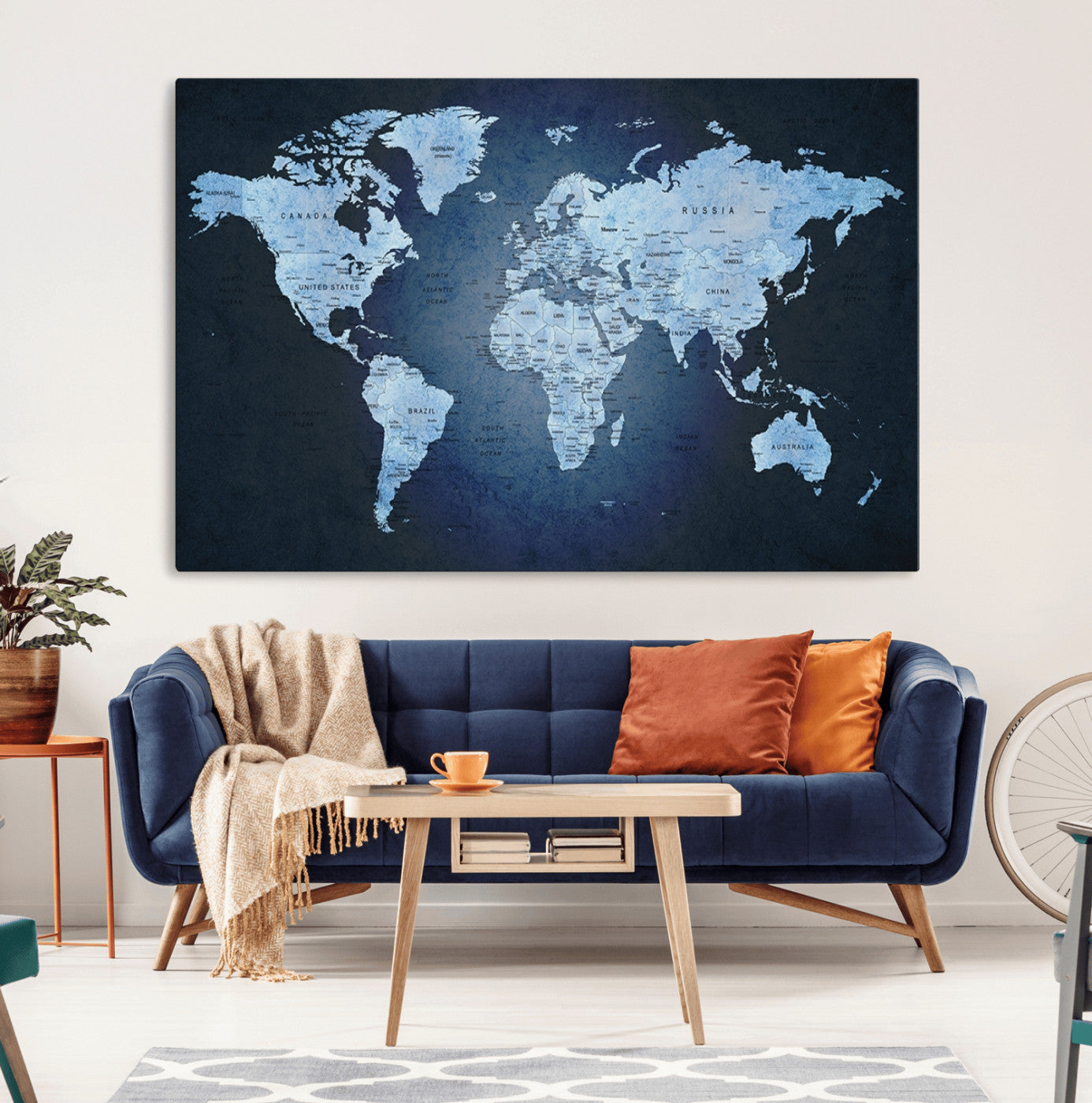 26249-MGV-CV-36X24-Blue World Map Canvas Wall Art – Framed Modern Push Pin Travel Map for Home and Office Decor, Elegant Navy Global Wall Artwork for Travelers