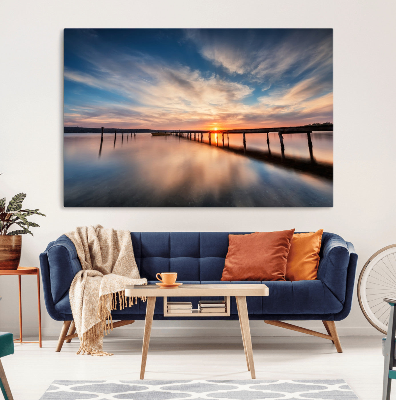 MGV-CV-36X24 - Wooden Pier on Seascape and Sunset Wall Art Canvas Print