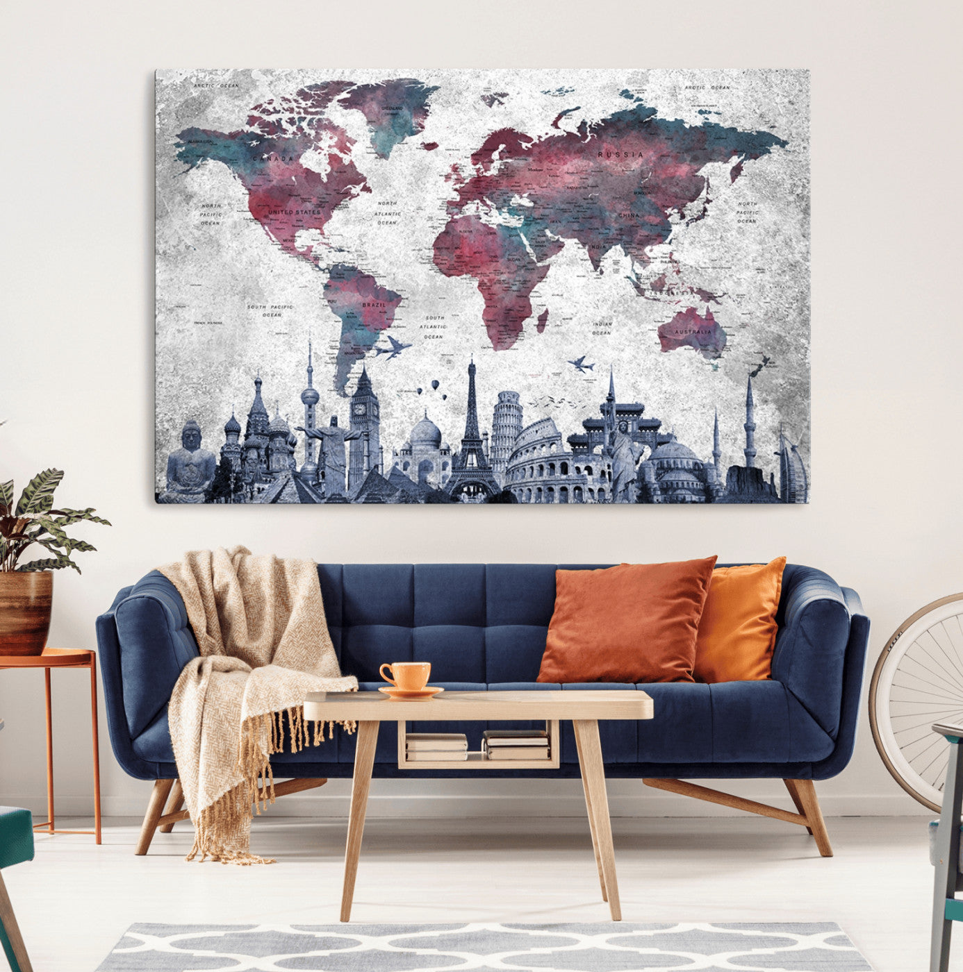 42515-MGV-CV-36X24-World Map Canvas Wall Art with Famous Landmarks – Framed Travel Map Print for Home and Office Decor, Perfect Gift for Travel Lovers