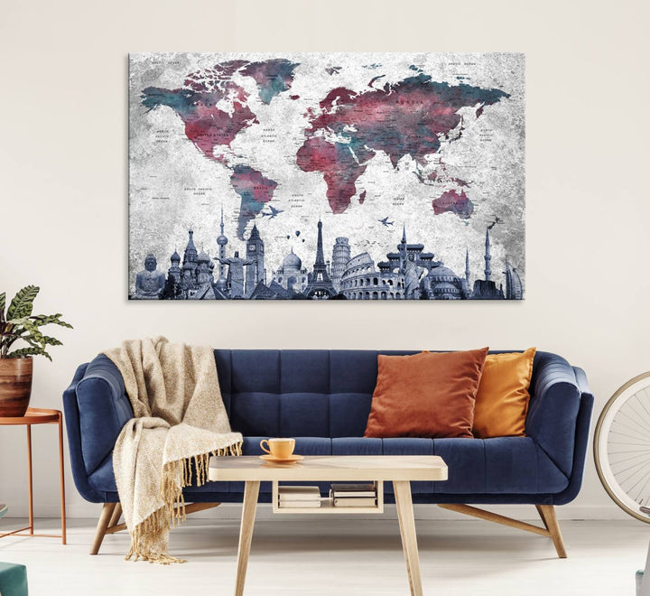 The dining room features a Blue Multipanel World Map Wall Art Canvas Print that adorns the wall, highlighting its neutral decor.