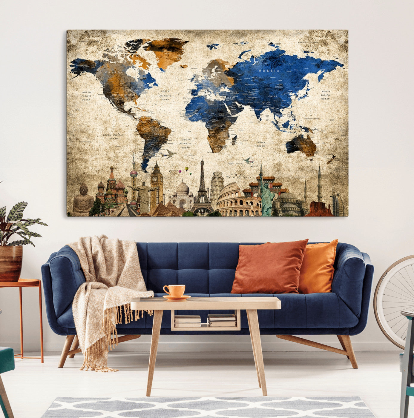 20261-MGV-CV-36X24-World Map Canvas Print – Vintage Blue and Gold World Map Wall Art, Framed Travel Inspired Decor for Living Room or Office