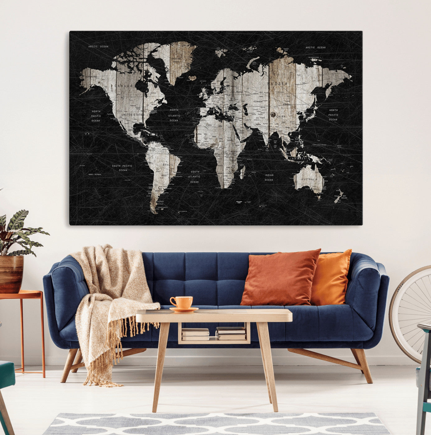 89998-MGV-CV-36X24-Rustic Black and Wood World Map Canvas Wall Art – Framed Push Pin Travel Map for Home and Office Decor, Modern Vintage Wall Artwork