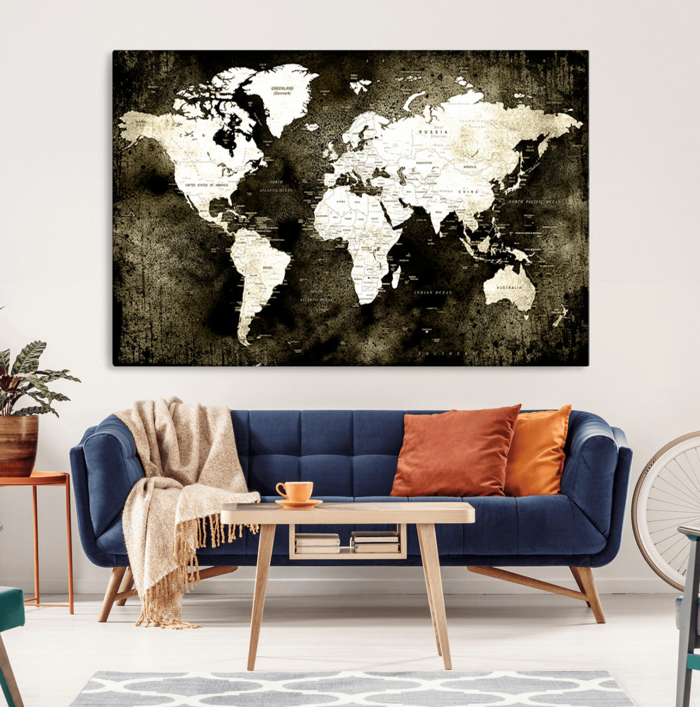 66737-MGV-CV-36X24-Vintage World Map Canvas Wall Art – Framed Push Pin Travel Map for Home and Office Decor, Rustic Wall Artwork for Travelers