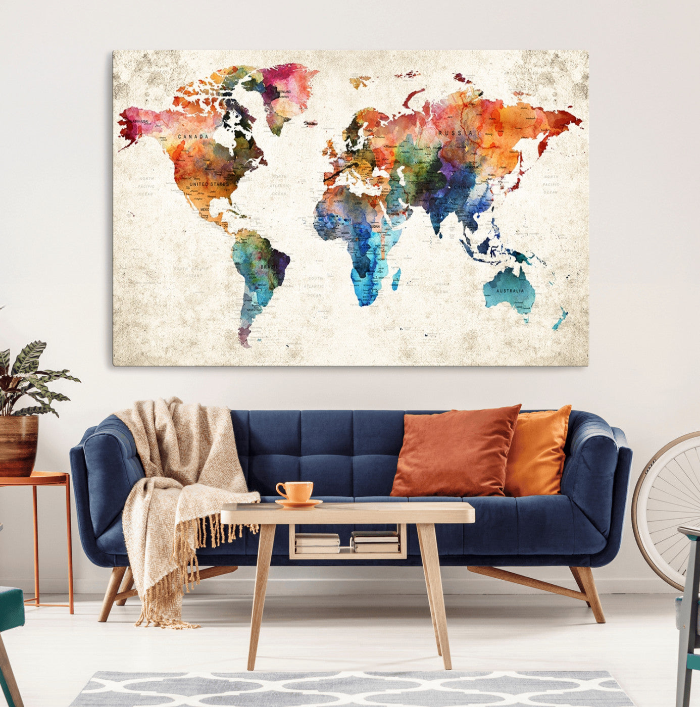 80150-MGV-CV-36X24-Personalized World Map Canvas Print – Colorful Watercolor Push Pin Travel Map, Framed Wall Art for Home or Office Decor