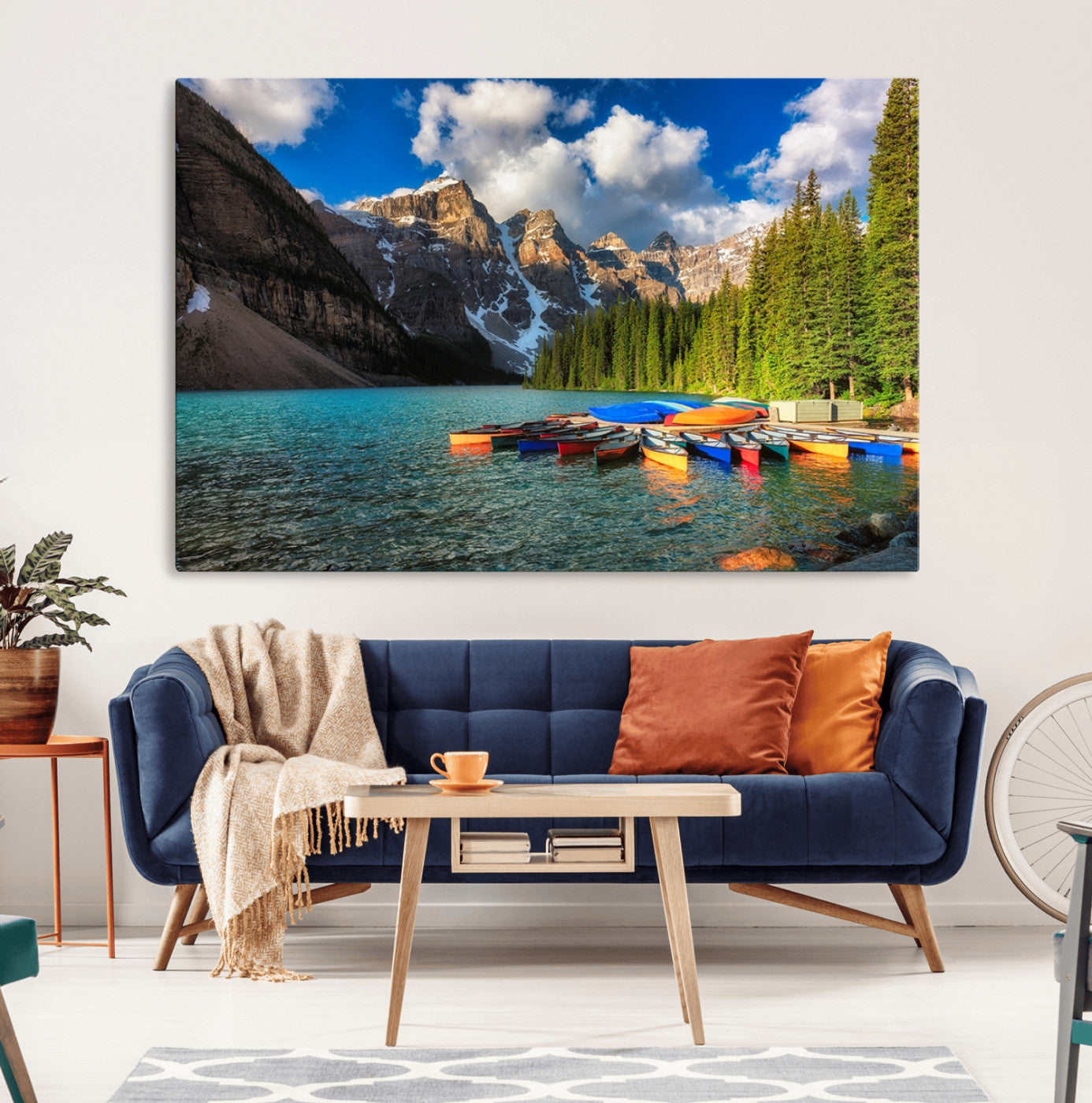MGV-CV-36X24 - Moraine Lake 3-Panel Wall Art, Majestic Mountain and Lake Landscape Canvas Print Canoes on Moraine