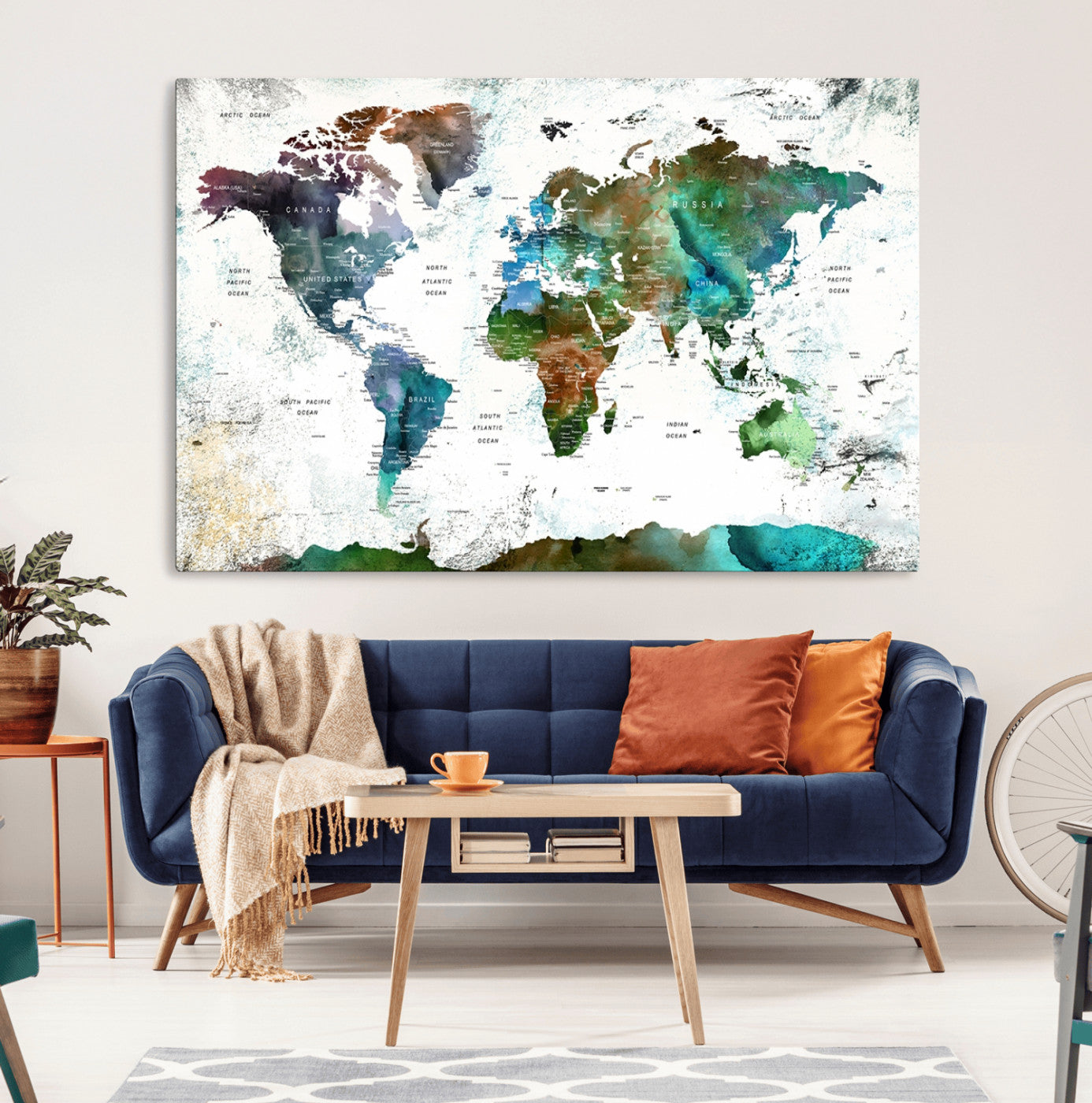 13140-MGV-CV-36X24-Modern Watercolor World Map Canvas Wall Art – Framed Abstract Map Print, Contemporary Travel Artwork for Elegant Home and Office Decor
