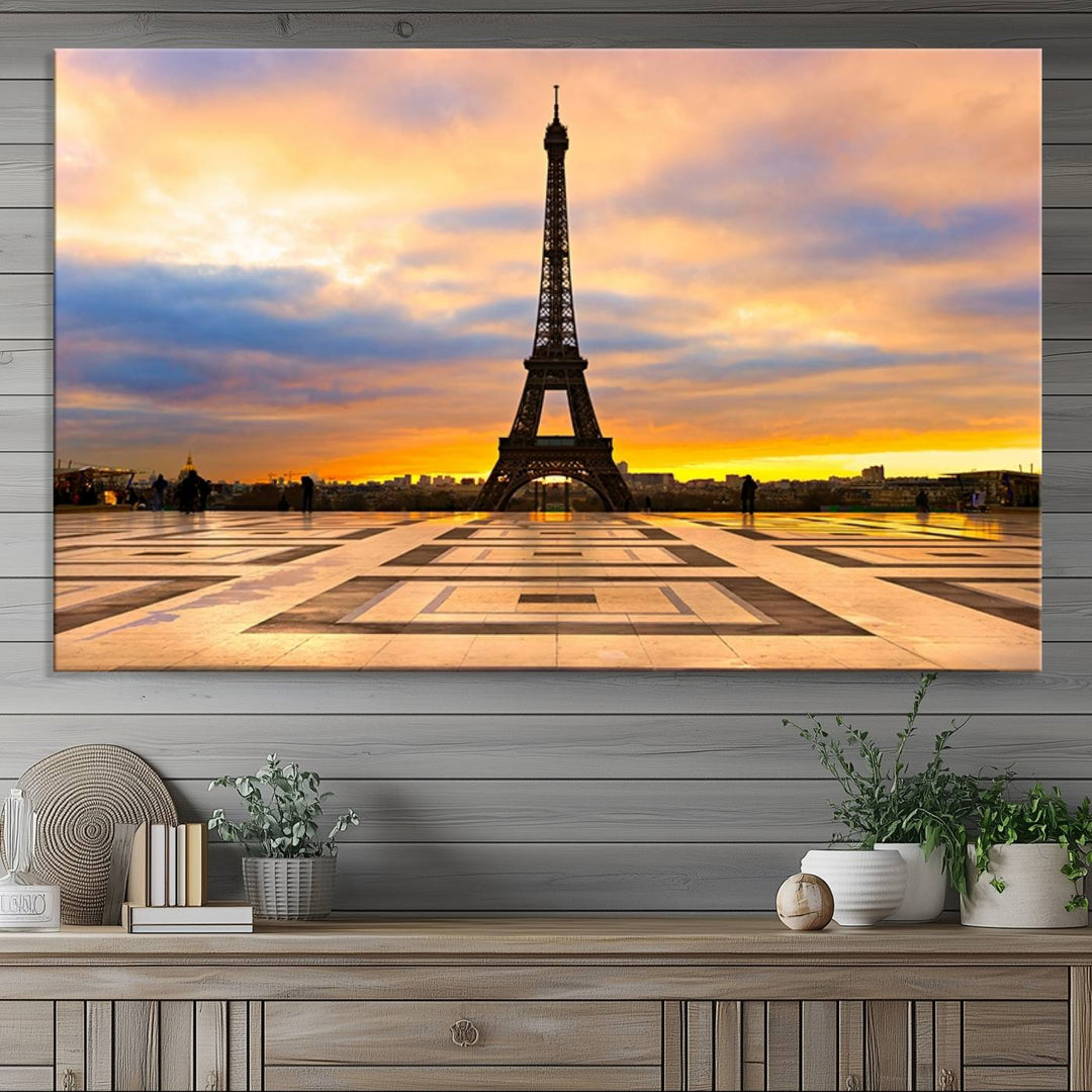 The "Paris Eiffel Tower Wall Art Canvas Prints" graces a wooden wall reminiscent of abstract expressionism.